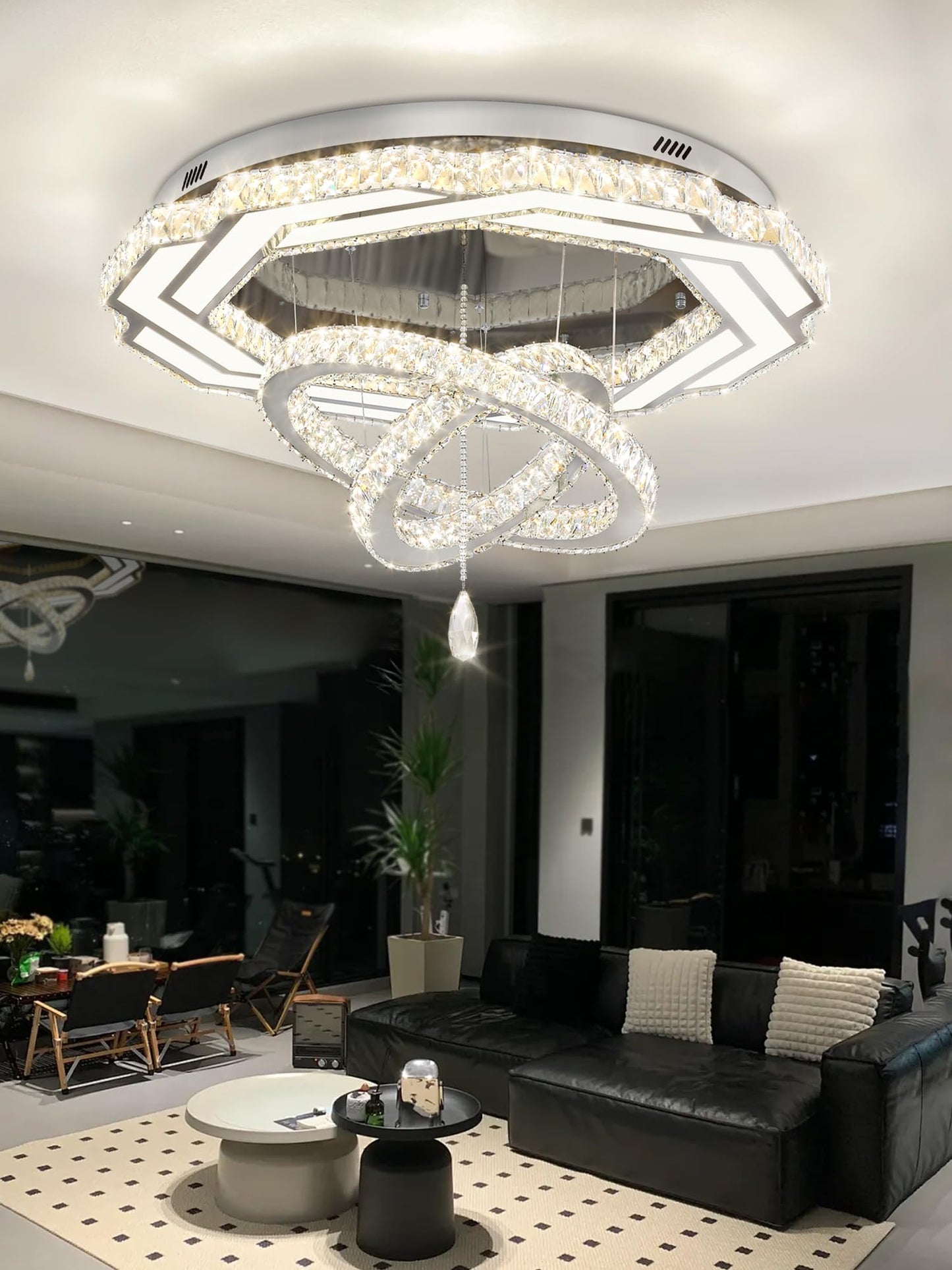 Flashing God Crystal Chandeliers Dia 32" Silver Elegant Chandelier Flush Mount Ceiling Light for Bedroom Living Room Dining Room Hallway Dimmable 3 Rings LED Celing Lighting Fixtures