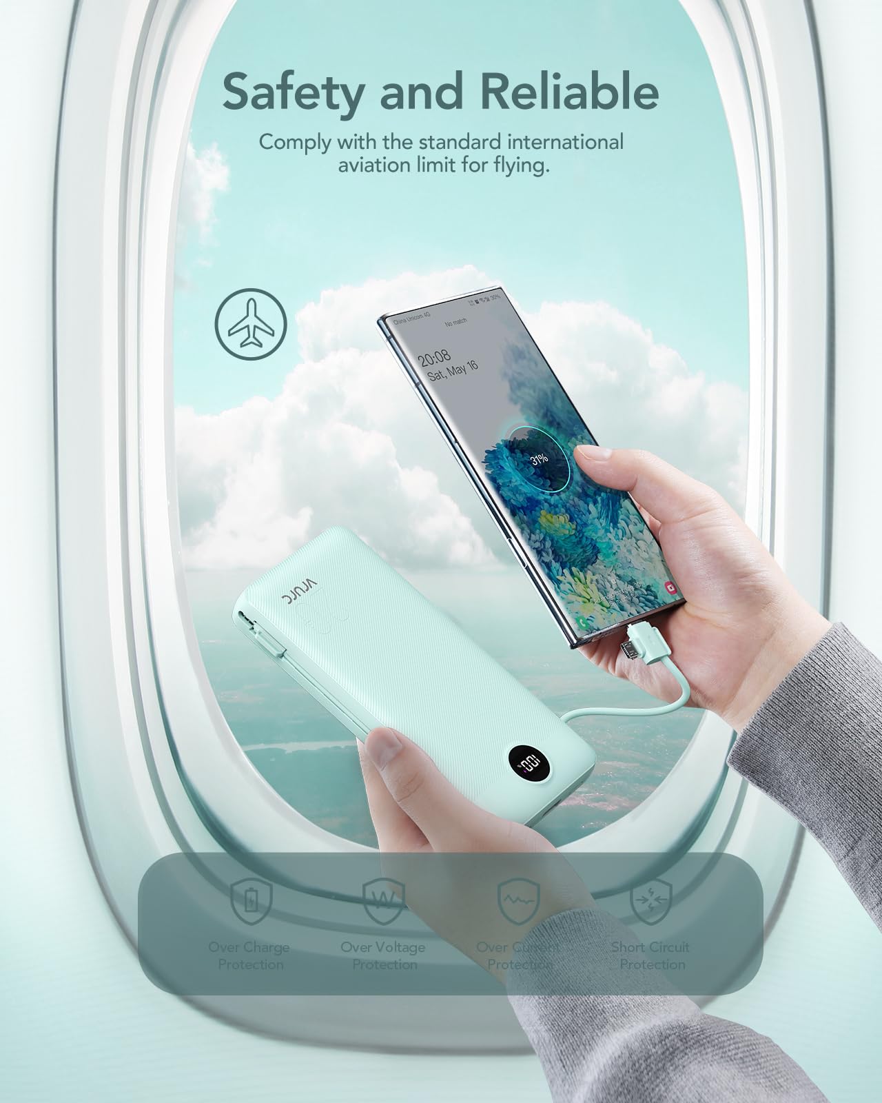 VRURC Power Bank 20000mAh, Fast Charging Portable Charger USB C,4 Output 2 Input Charging Bank Equipped with LED Display,Built-in Wall Plug and Cables,Cell Phone Replacement Battery,White