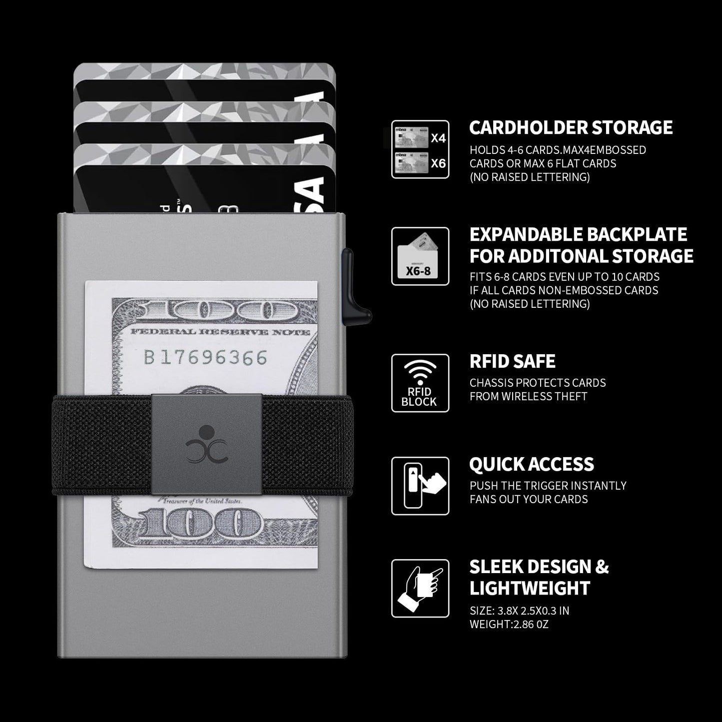 Slim Aluminum Card Holder Wallet for Men, Durable Expandable Backplate, RFID Blocking Minimalist Metal Pop Up Wallet, Holds 12+ Cards Plus Cash (Black)