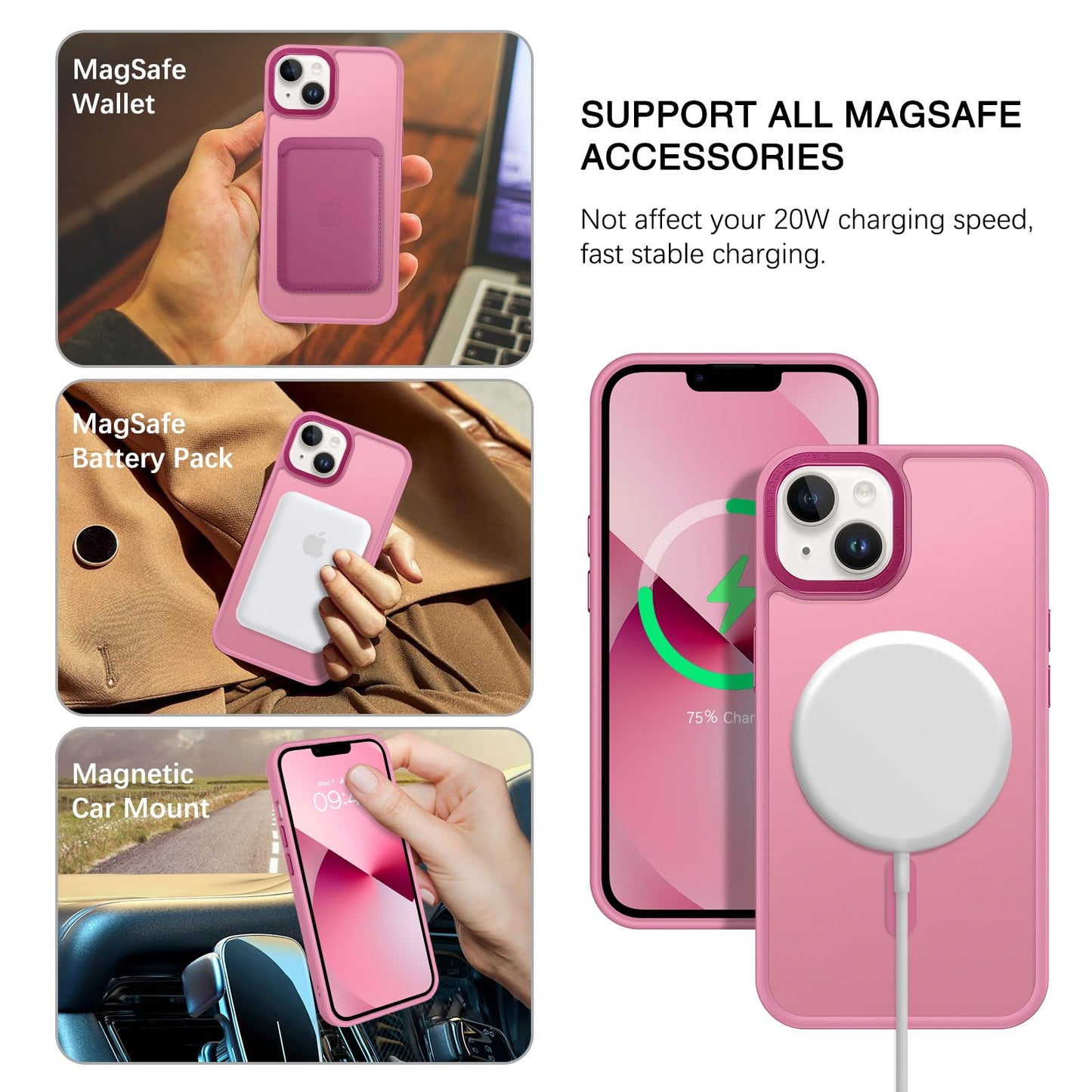 BENTOBEN Magnetic for iPhone 13 Case & iPhone 14 Case [Compatible with Magsafe] Translucent Matte Phone Case iPhone 13/14 Slim Fit Shockproof Women Men Protective Cover for iPhone 13/14 6.1", Hot Pink