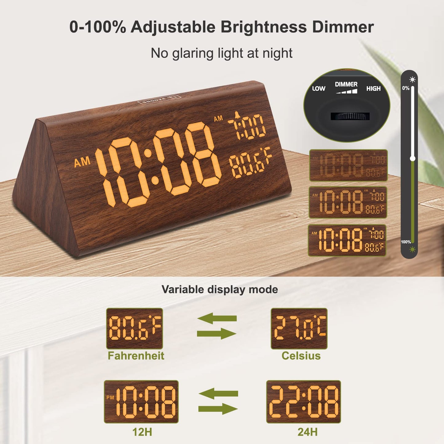 DreamSky Digital Alarm Clocks for Bedrooms - Wooden Desk Clock with Date, Day of Week, USB Port, Temperature, Dimmer for Bedside Table, Living Room, Office, Adjustable Volume, Auto DST, Wood Decor