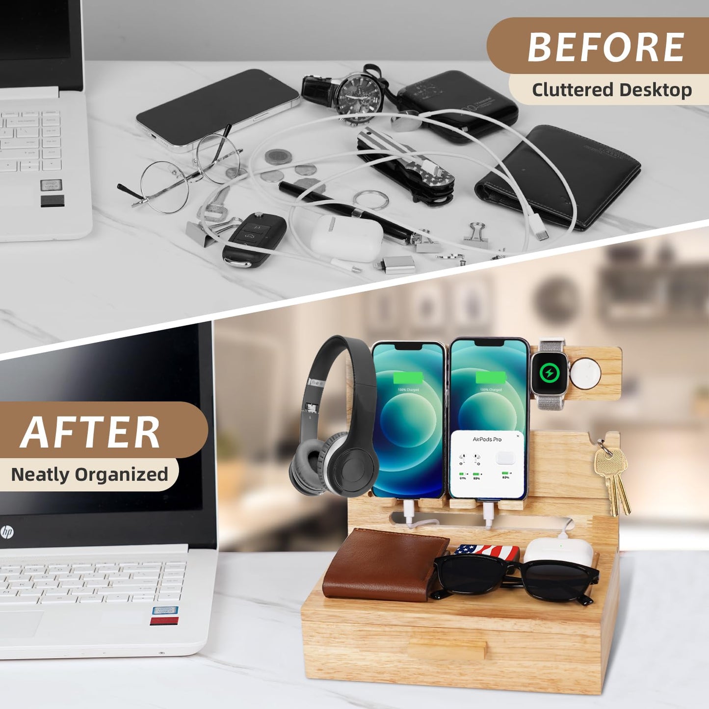 Gifts for Men Dad from Daughter Son Christmas, Wood Phone Docking Station with Drawer, Husband Birthday Gifts Him Boyfriend from Wife Anniversary Nightstand Organizer Xmas Stocking Stuffers