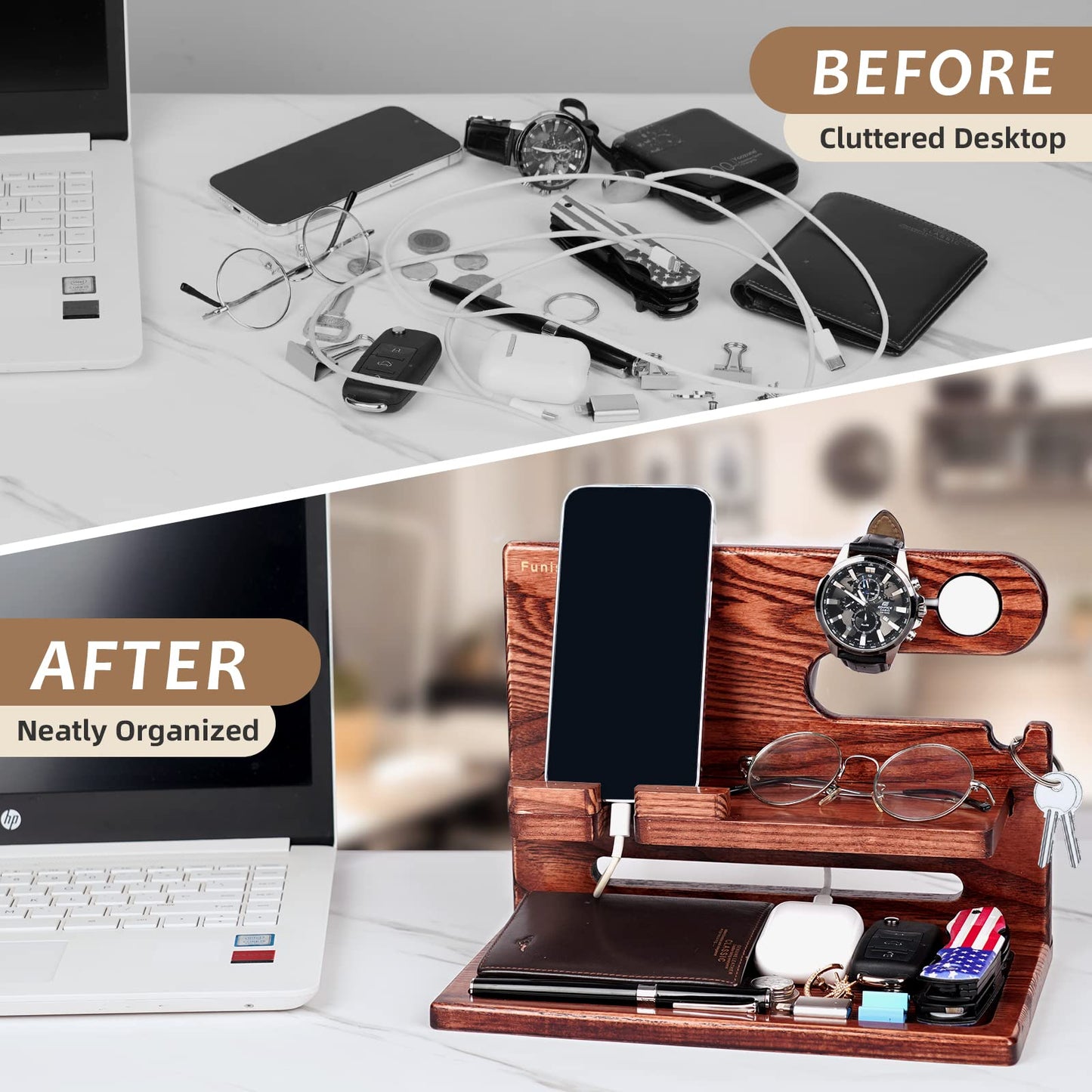 Gifts for Men Dad from Daughter Son Christmas, Wood Phone Docking Station with Drawer, Husband Birthday Gifts Him Boyfriend from Wife Anniversary Nightstand Organizer Xmas Stocking Stuffers