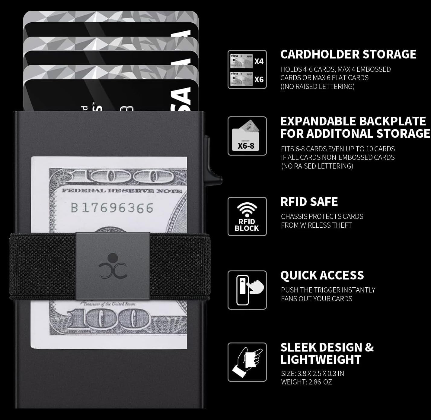 Slim Aluminum Card Holder Wallet for Men, Durable Expandable Backplate, RFID Blocking Minimalist Metal Pop Up Wallet, Holds 12+ Cards Plus Cash (Black)