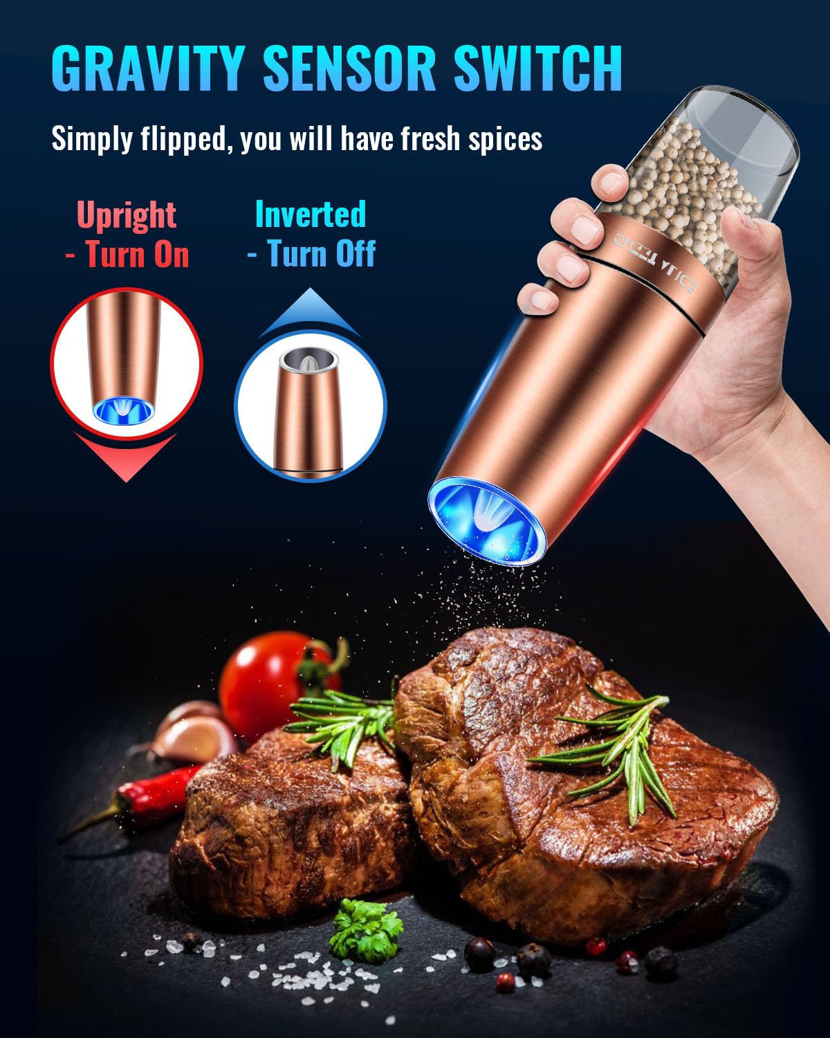 Gravity Electric Pepper and Salt Grinder Set, Salt and Pepper Mill & Adjustable Coarseness, Battery Powered with LED Light, One Hand Automatic Operation, Stainless Steel (Set/Silver)