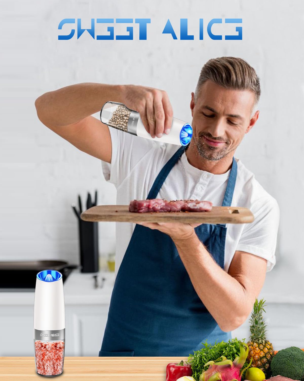 Gravity Electric Pepper and Salt Grinder Set, Salt and Pepper Mill & Adjustable Coarseness, Battery Powered with LED Light, One Hand Automatic Operation, Stainless Steel (Set/Silver)