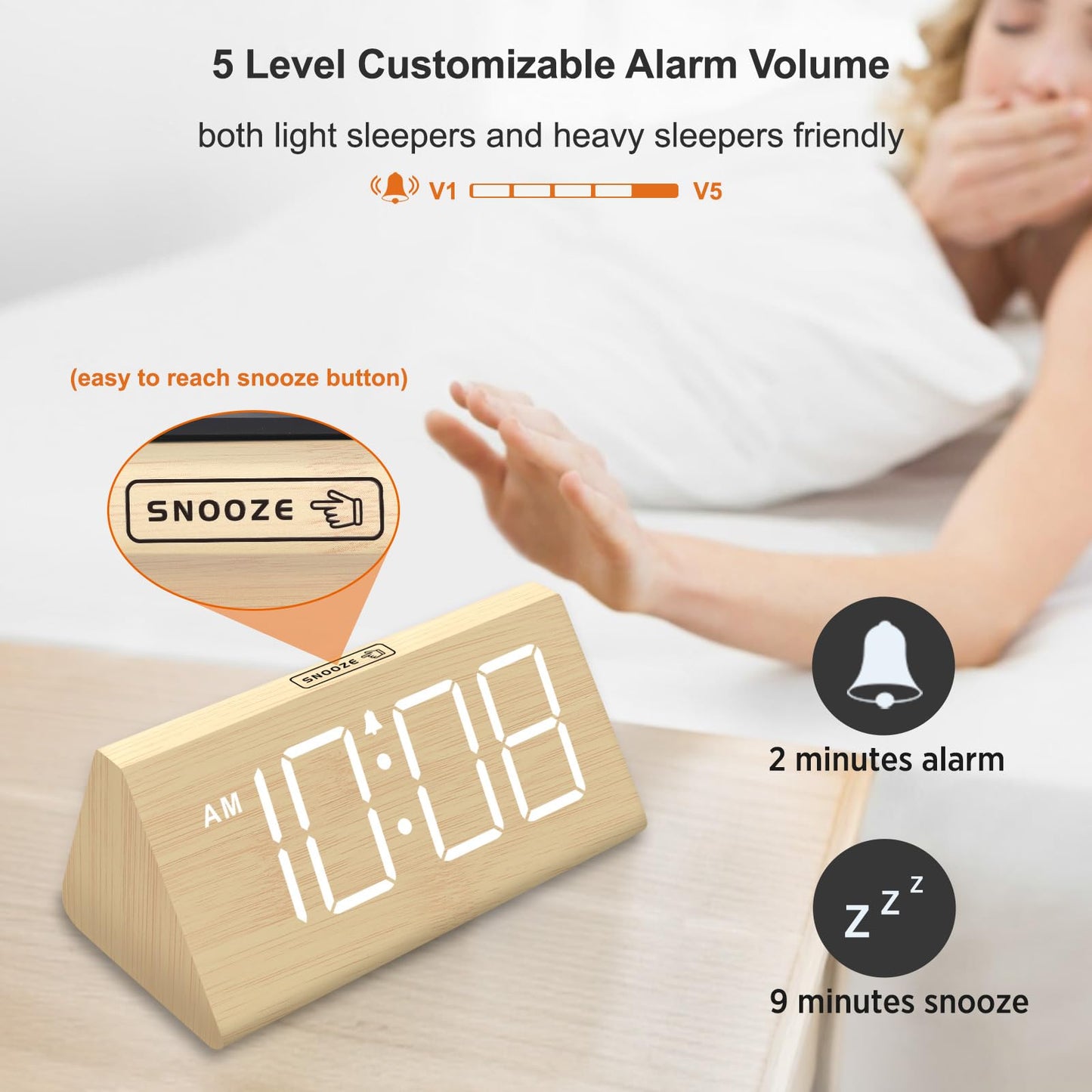 DreamSky Wooden Digital Alarm Clocks for Bedrooms - Electric Desk Clock with Large Numbers, USB Port, Loud Alarm for Heavy Sleepers, Adjustable Volume, Dimmer, Snooze, DST, 12/24H, Wood Décor (Brown)