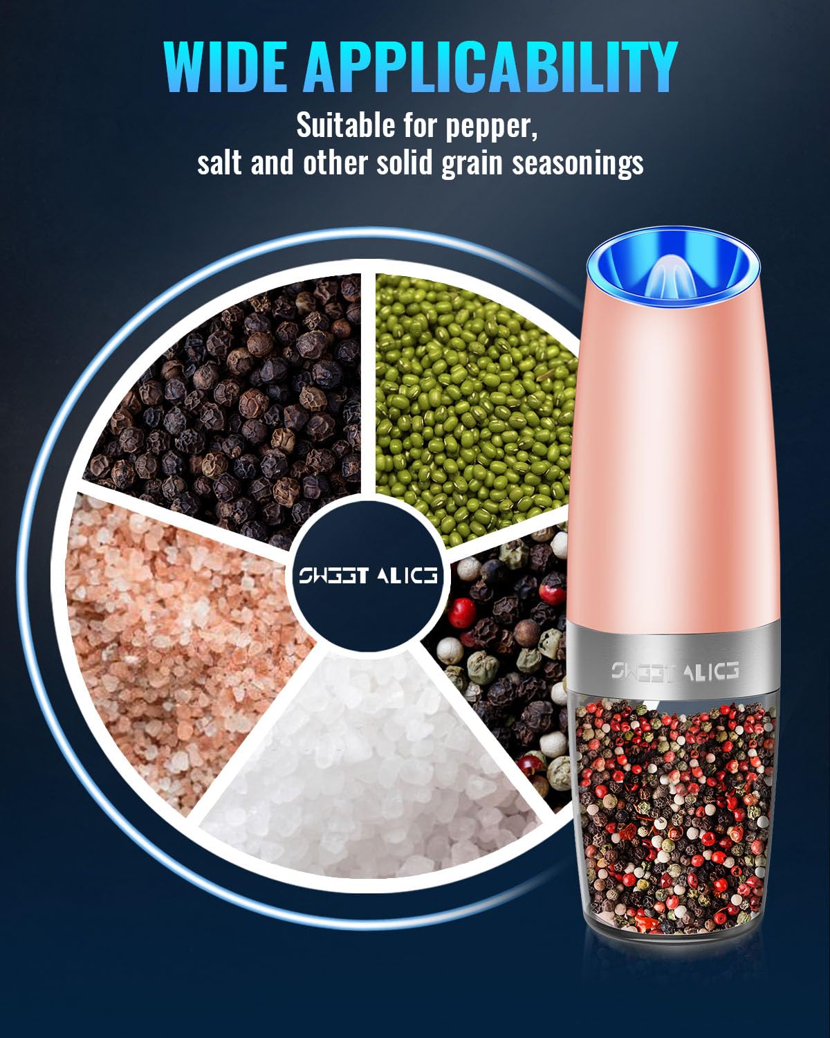 Gravity Electric Pepper and Salt Grinder Set, Salt and Pepper Mill & Adjustable Coarseness, Battery Powered with LED Light, One Hand Automatic Operation, Stainless Steel (Set/Silver)