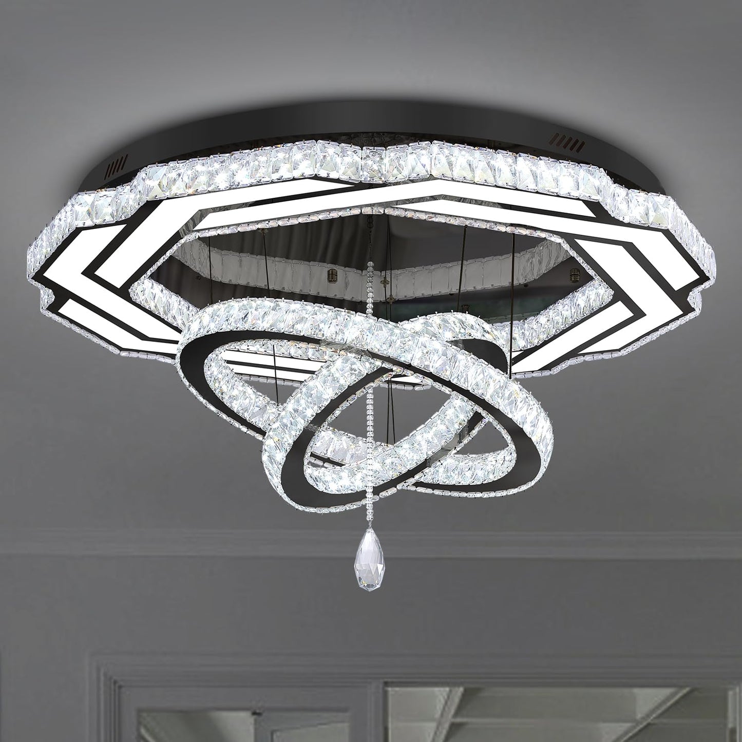 Flashing God Crystal Chandeliers Dia 32" Silver Elegant Chandelier Flush Mount Ceiling Light for Bedroom Living Room Dining Room Hallway Dimmable 3 Rings LED Celing Lighting Fixtures