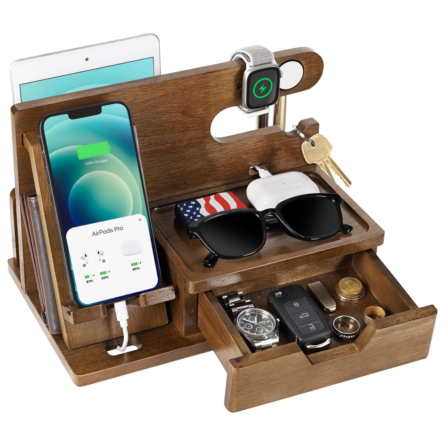 Gifts for Men Dad from Daughter Son Christmas, Wood Phone Docking Station with Drawer, Husband Birthday Gifts Him Boyfriend from Wife Anniversary Nightstand Organizer Xmas Stocking Stuffers