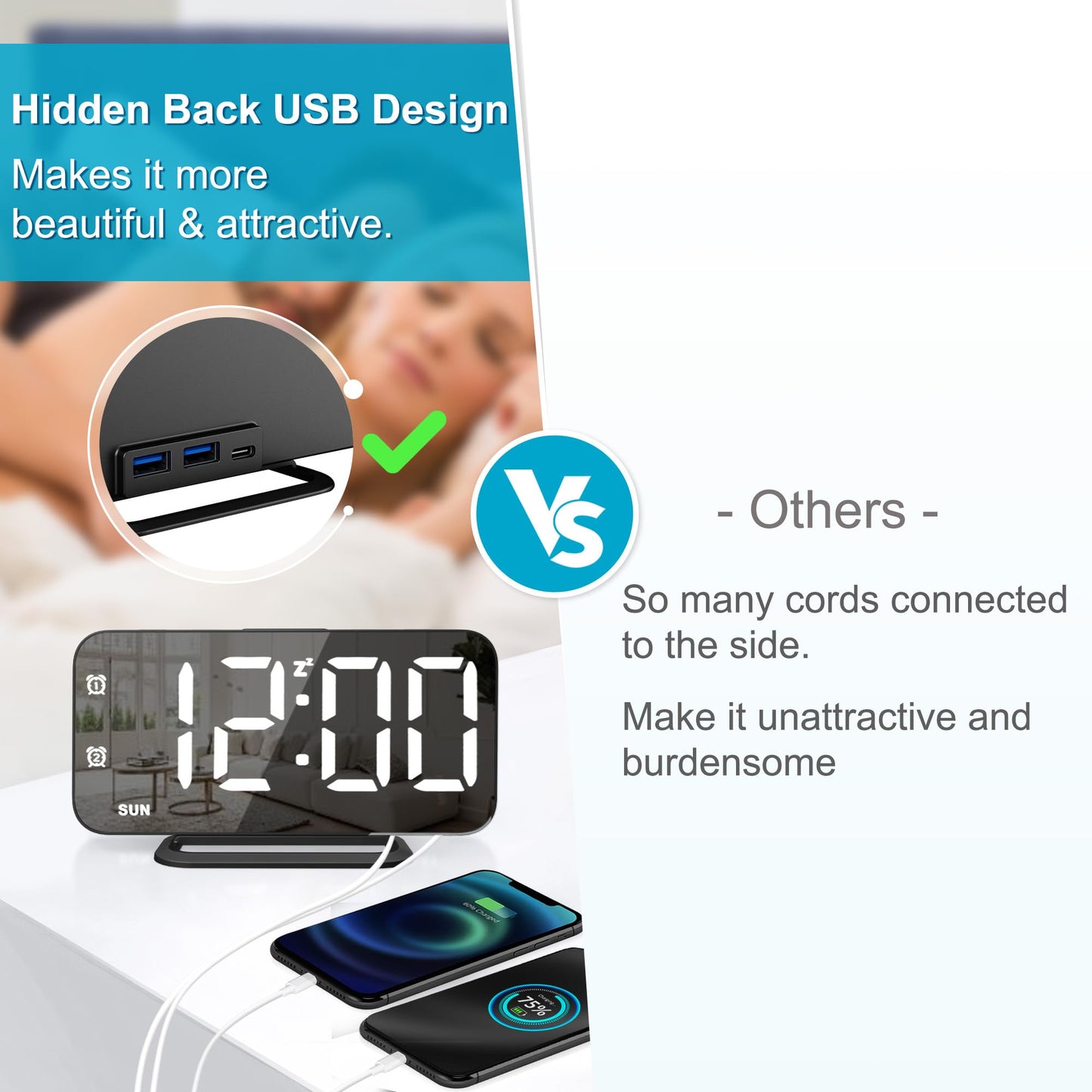 Slim LED Digital Alarm Clock, Mirror Surface for Makeup, with Diming, Large Display, Easy Setting, USB Ports, Modern Decor for Bedroom, Desk, Xmas, Birthday Gift for Women, Sister, Teen Girl, Silver