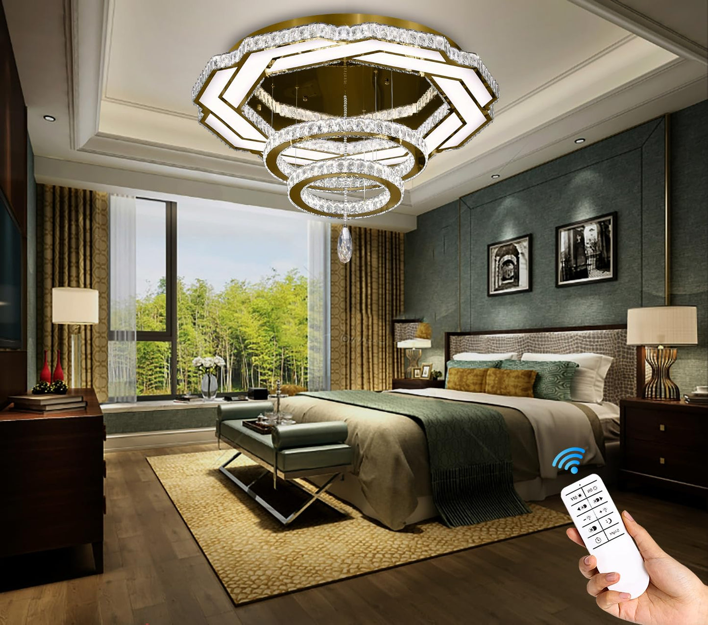 Flashing God Crystal Chandeliers Dia 32" Silver Elegant Chandelier Flush Mount Ceiling Light for Bedroom Living Room Dining Room Hallway Dimmable 3 Rings LED Celing Lighting Fixtures