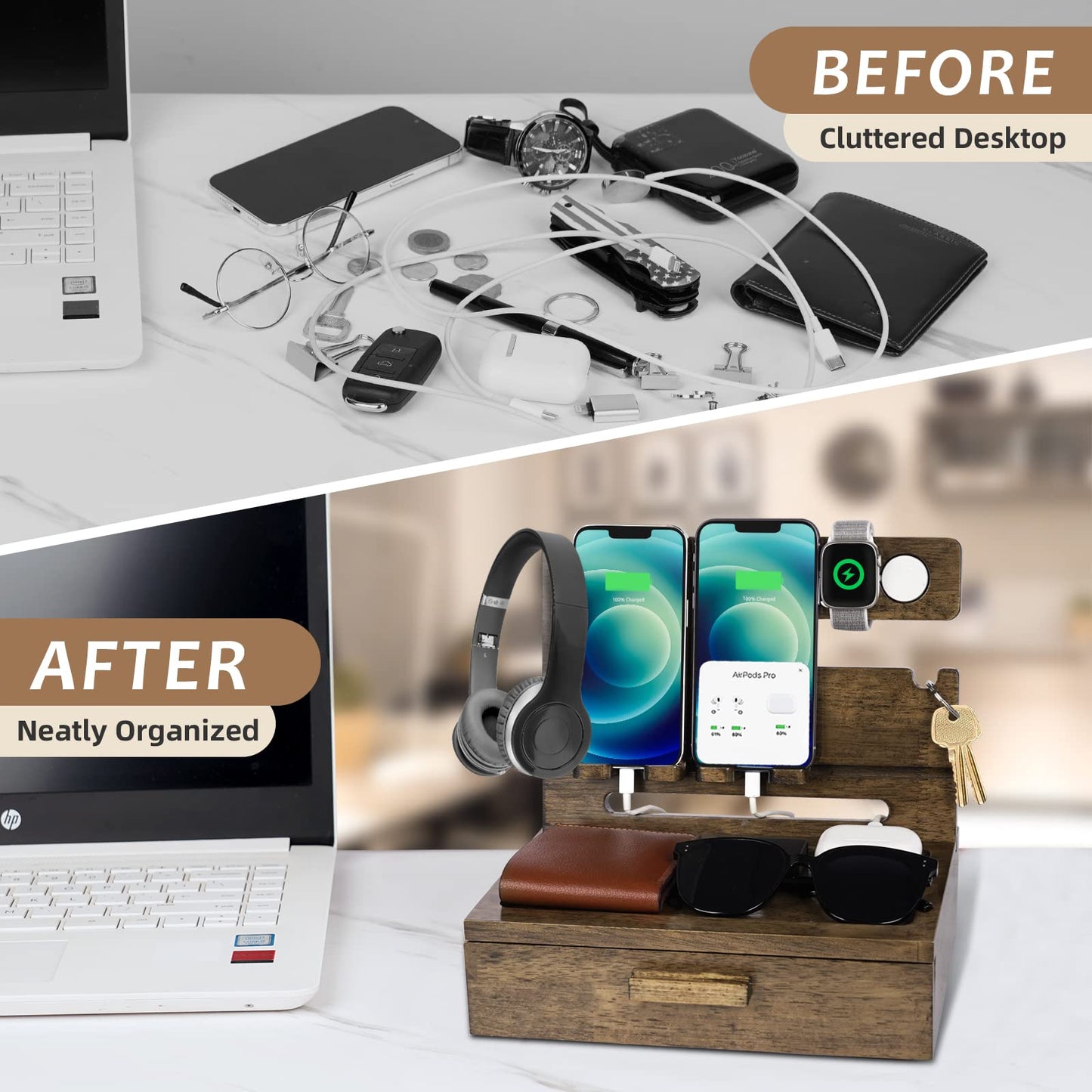 Gifts for Men Dad from Daughter Son Christmas, Wood Phone Docking Station with Drawer, Husband Birthday Gifts Him Boyfriend from Wife Anniversary Nightstand Organizer Xmas Stocking Stuffers