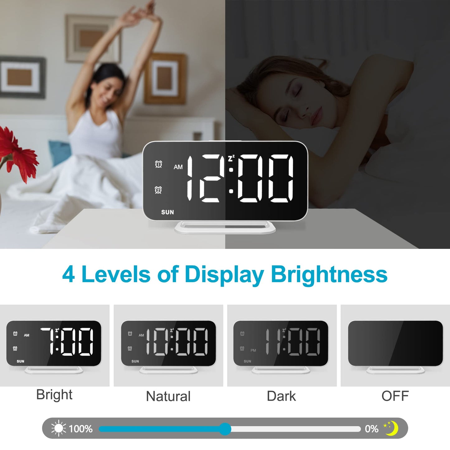 Slim LED Digital Alarm Clock, Mirror Surface for Makeup, with Diming, Large Display, Easy Setting, USB Ports, Modern Decor for Bedroom, Desk, Xmas, Birthday Gift for Women, Sister, Teen Girl, Silver