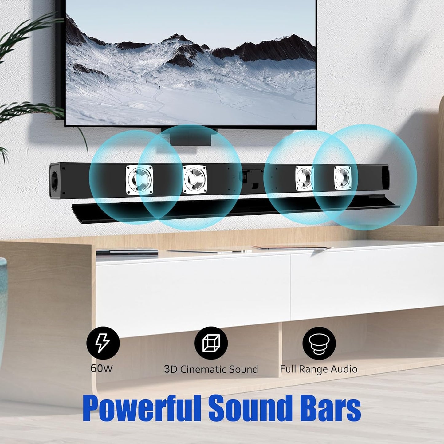 Sound Bar, Soundbar for TV 60W Powerful HD HiFi Stereo Sound Soundbars Bluetooh 5.0 Wireless Control with ARC AUX Opt (26.7IN)