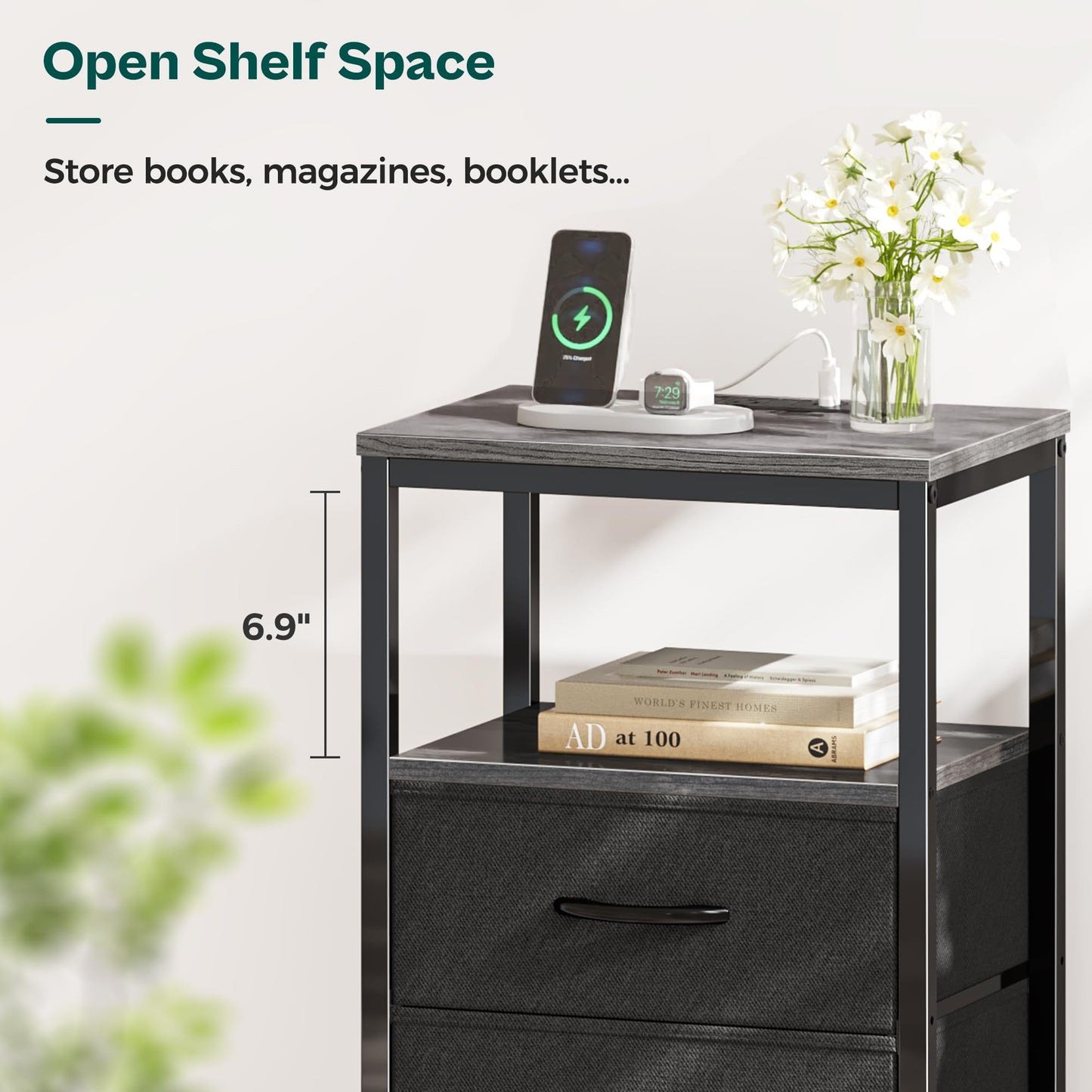 Huuger Nightstand with Charging Station, Side Table with Fabric Drawers, End Table with Open Shelf, Bedside Table with USB Ports and Outlets, Night Stand for Bedroom, Rustic Brown and Black