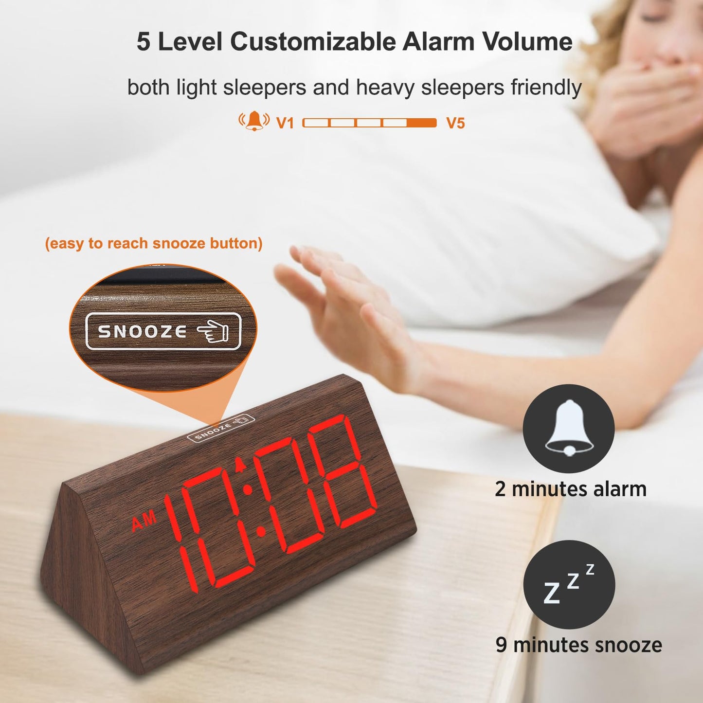 DreamSky Wooden Digital Alarm Clocks for Bedrooms - Electric Desk Clock with Large Numbers, USB Port, Loud Alarm for Heavy Sleepers, Adjustable Volume, Dimmer, Snooze, DST, 12/24H, Wood Décor (Brown)