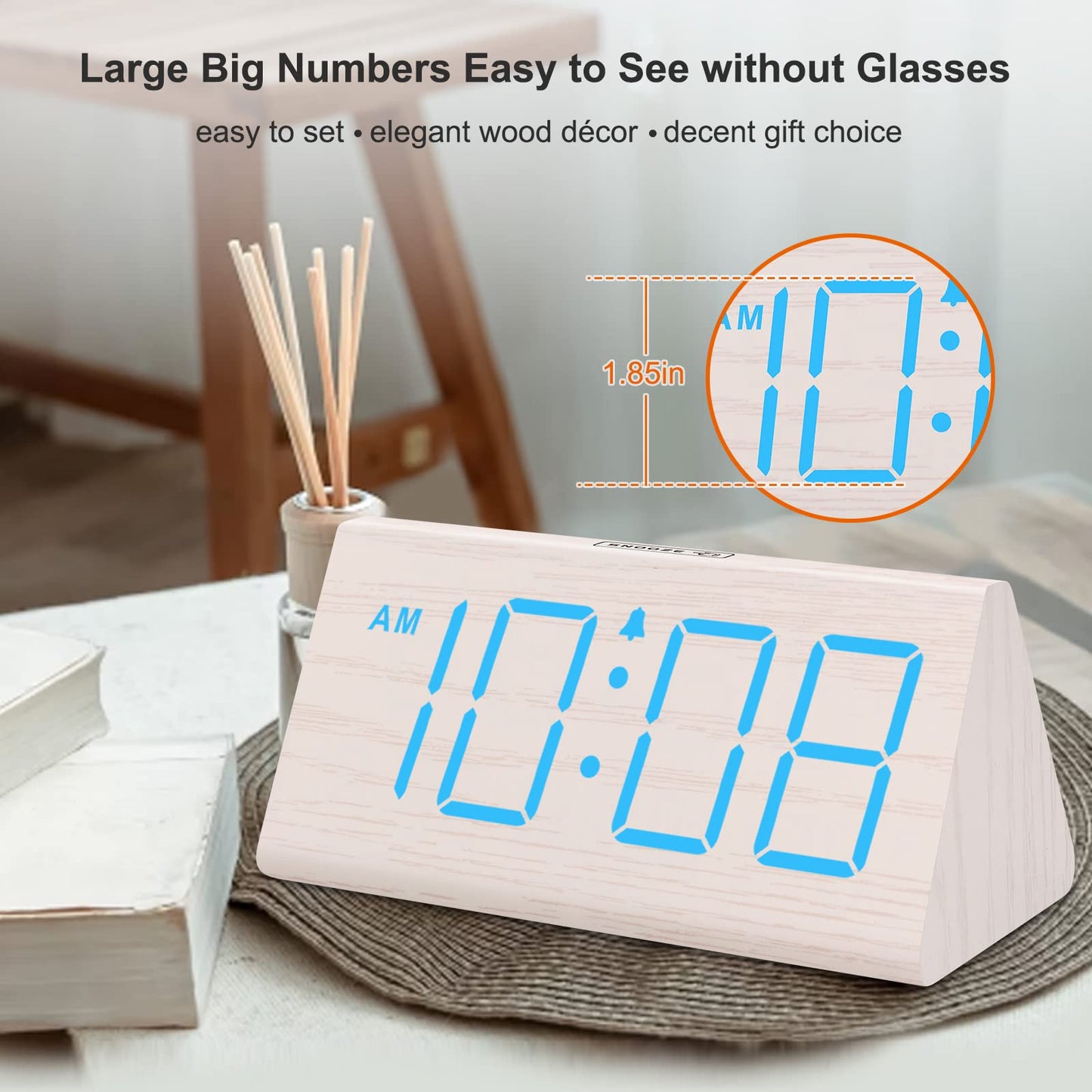 DreamSky Wooden Digital Alarm Clocks for Bedrooms - Electric Desk Clock with Large Numbers, USB Port, Loud Alarm for Heavy Sleepers, Adjustable Volume, Dimmer, Snooze, DST, 12/24H, Wood Décor (Brown)