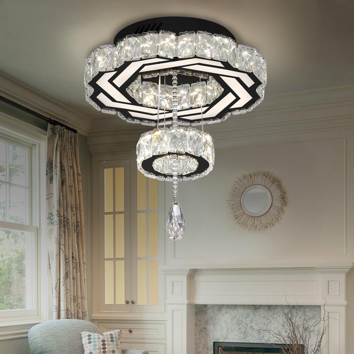 Flashing God Crystal Chandeliers Dia 32" Silver Elegant Chandelier Flush Mount Ceiling Light for Bedroom Living Room Dining Room Hallway Dimmable 3 Rings LED Celing Lighting Fixtures