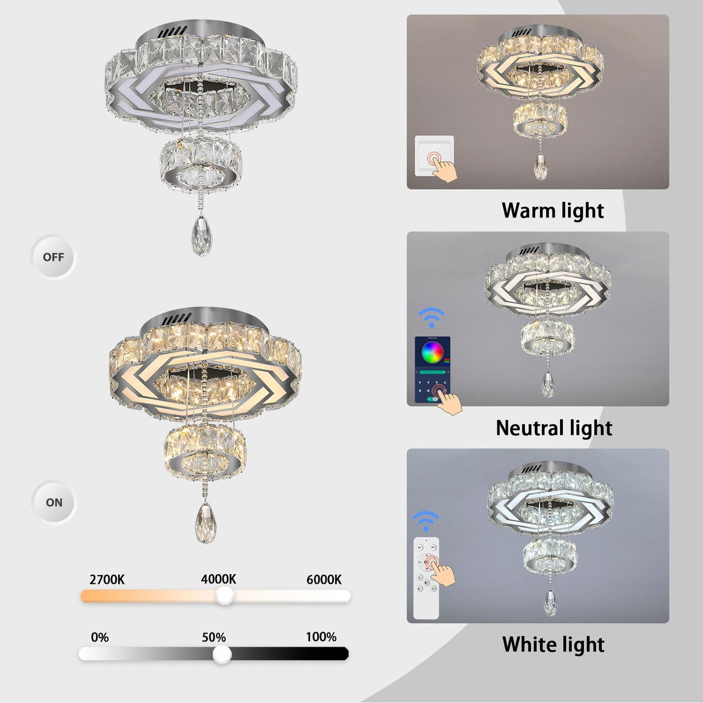 Flashing God Crystal Chandeliers Dia 32" Silver Elegant Chandelier Flush Mount Ceiling Light for Bedroom Living Room Dining Room Hallway Dimmable 3 Rings LED Celing Lighting Fixtures
