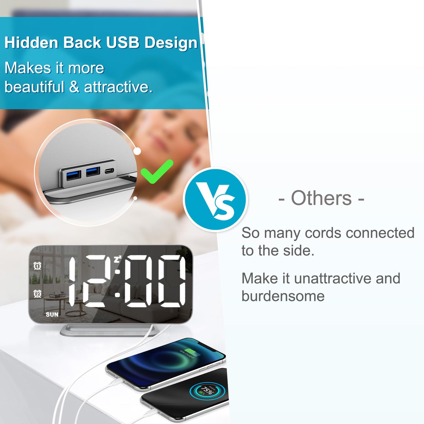 Slim LED Digital Alarm Clock, Mirror Surface for Makeup, with Diming, Large Display, Easy Setting, USB Ports, Modern Decor for Bedroom, Desk, Xmas, Birthday Gift for Women, Sister, Teen Girl, Silver