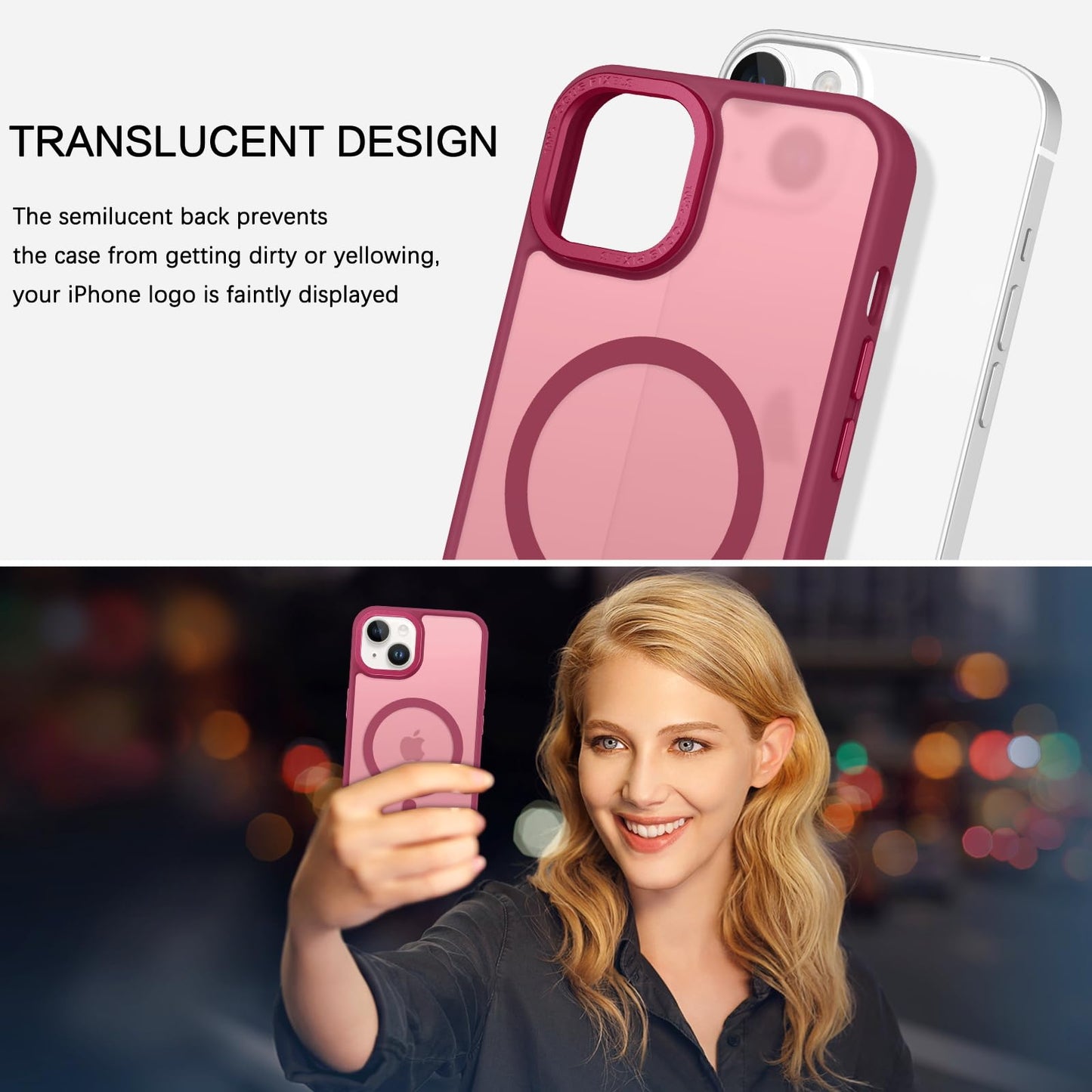 BENTOBEN Magnetic for iPhone 13 Case & iPhone 14 Case [Compatible with Magsafe] Translucent Matte Phone Case iPhone 13/14 Slim Fit Shockproof Women Men Protective Cover for iPhone 13/14 6.1", Hot Pink