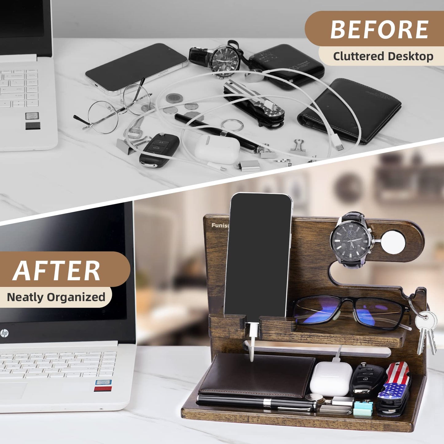 Gifts for Men Dad from Daughter Son Christmas, Wood Phone Docking Station with Drawer, Husband Birthday Gifts Him Boyfriend from Wife Anniversary Nightstand Organizer Xmas Stocking Stuffers