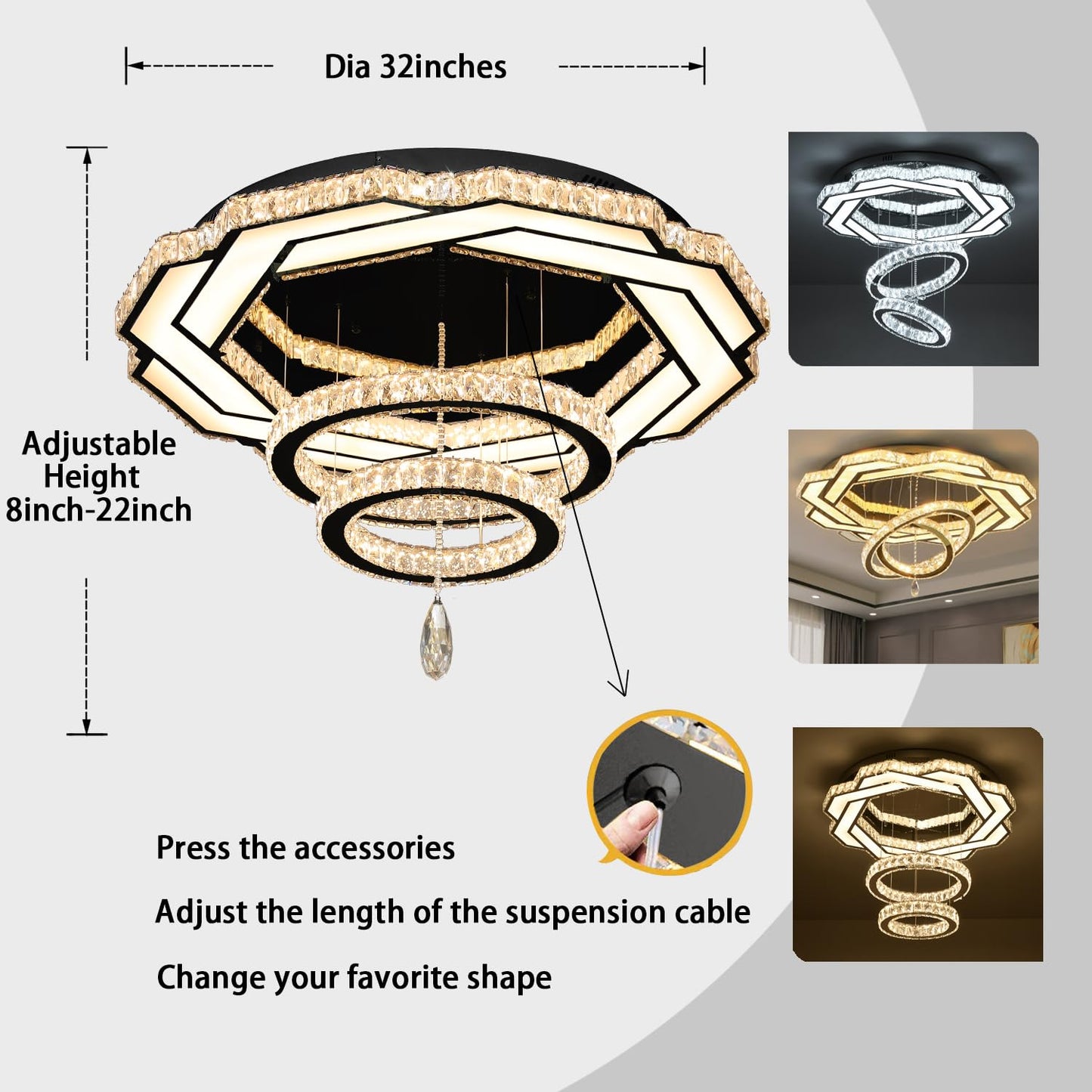 Flashing God Crystal Chandeliers Dia 32" Silver Elegant Chandelier Flush Mount Ceiling Light for Bedroom Living Room Dining Room Hallway Dimmable 3 Rings LED Celing Lighting Fixtures