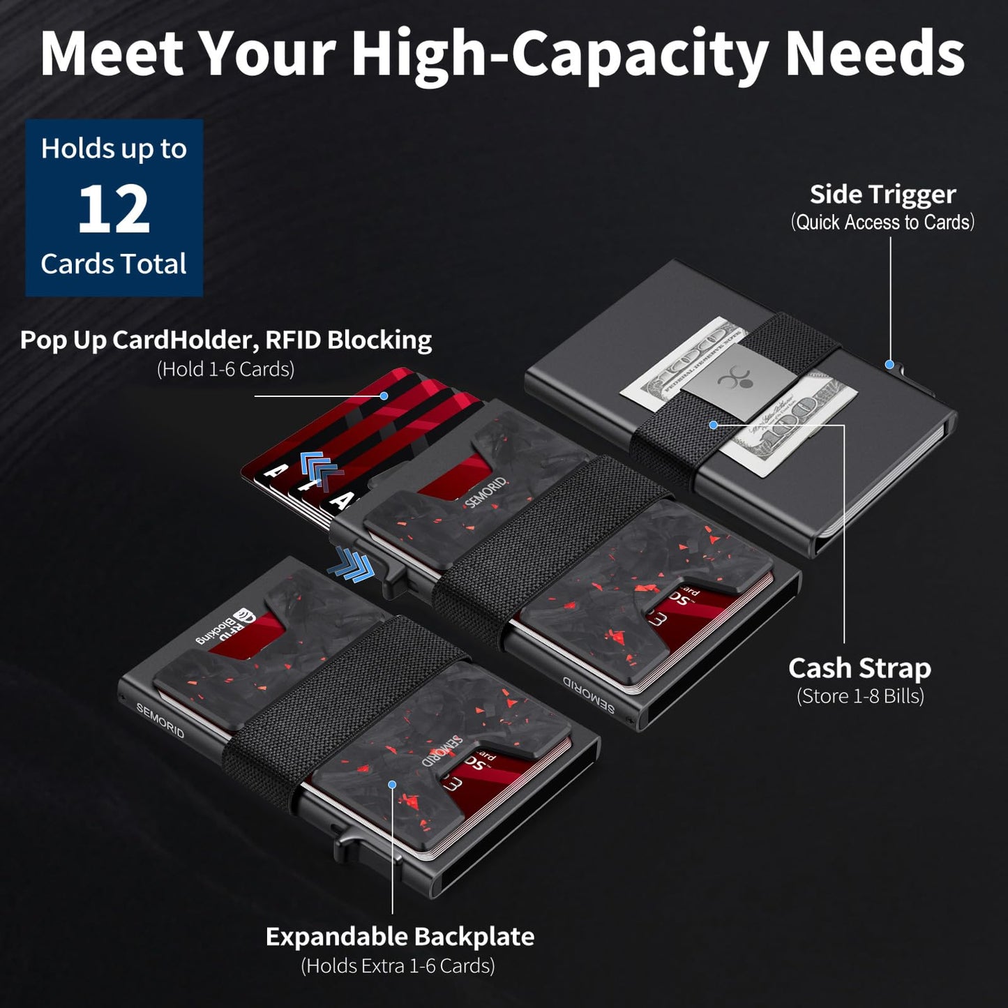 Slim Aluminum Card Holder Wallet for Men, Durable Expandable Backplate, RFID Blocking Minimalist Metal Pop Up Wallet, Holds 12+ Cards Plus Cash (Black)