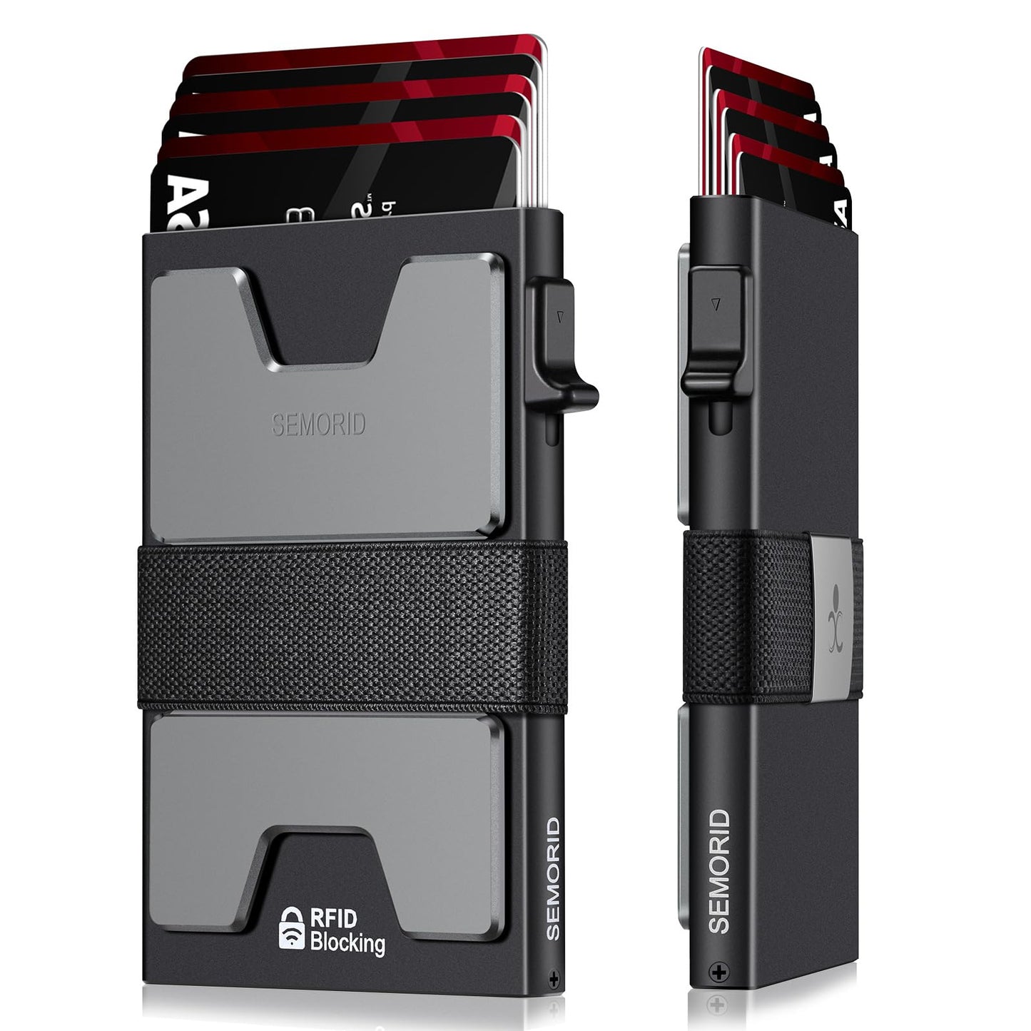 Slim Aluminum Card Holder Wallet for Men, Durable Expandable Backplate, RFID Blocking Minimalist Metal Pop Up Wallet, Holds 12+ Cards Plus Cash (Black)