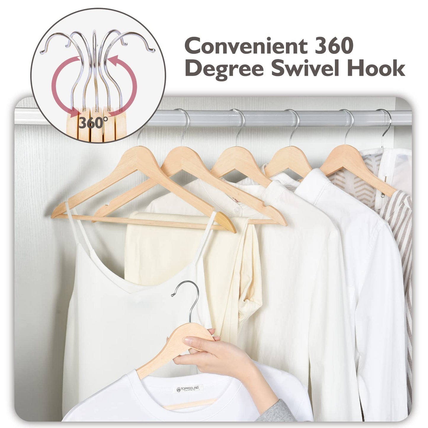 Wood Hangers 30 Pack, Non-Slip Wooden Hangers with 360° Swivel Hook & Notches, Slim Coat Hangers for Shirt, Suit, Jacket, Dress, Natural