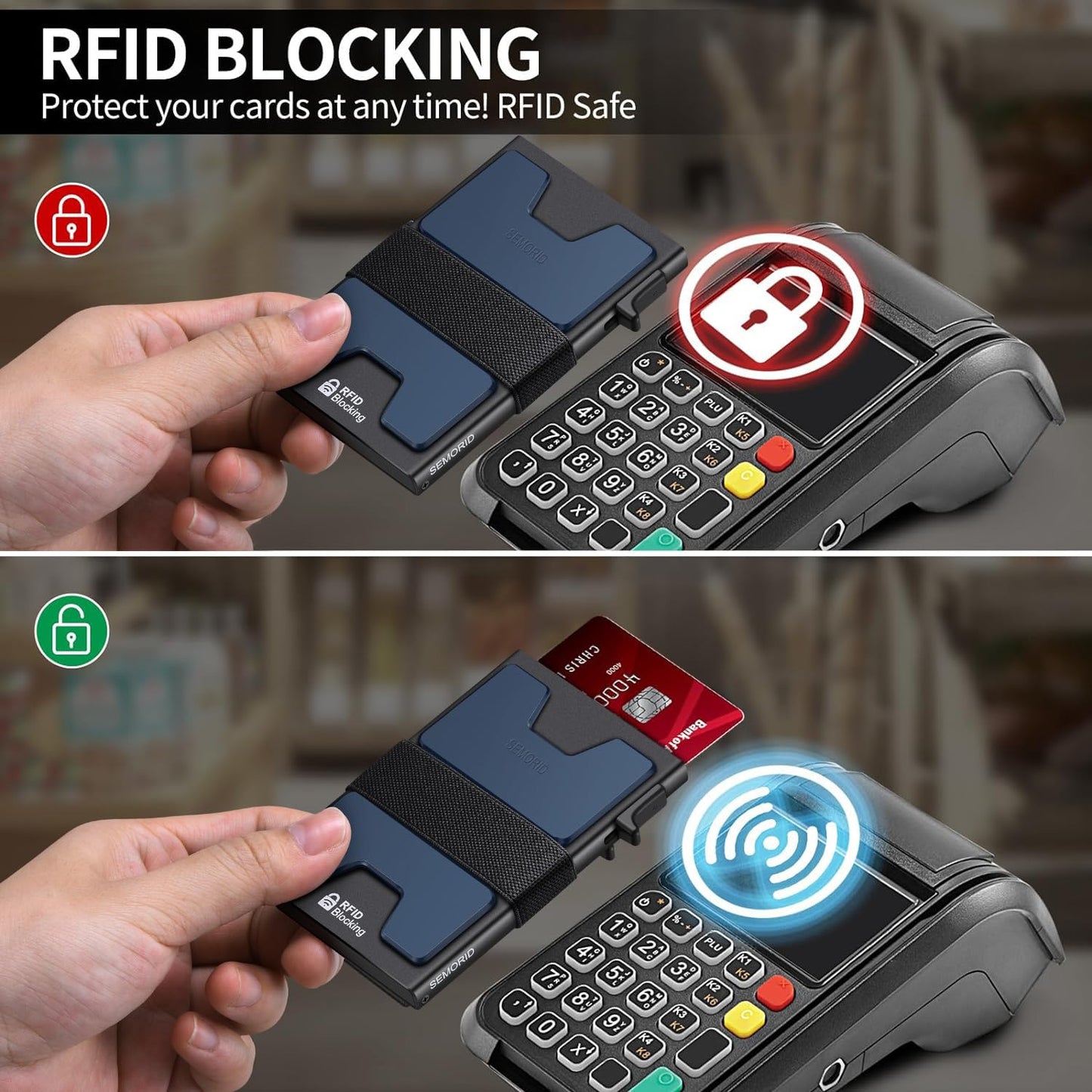 Slim Aluminum Card Holder Wallet for Men, Durable Expandable Backplate, RFID Blocking Minimalist Metal Pop Up Wallet, Holds 12+ Cards Plus Cash (Black)