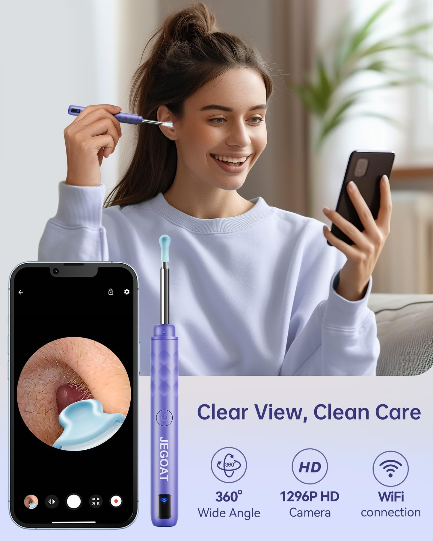 Ear Wax Removal Tool Camera, Ear Cleaner with Camera, 1296P HD Ear Scope, 6 LED Lights and 12 Ear Picks, Earwax Removal with Otoscope, Jet Black