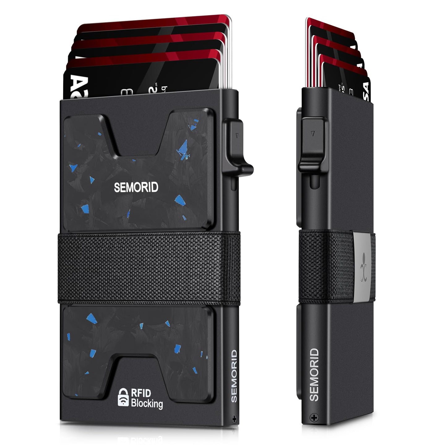 Slim Aluminum Card Holder Wallet for Men, Durable Expandable Backplate, RFID Blocking Minimalist Metal Pop Up Wallet, Holds 12+ Cards Plus Cash (Black)