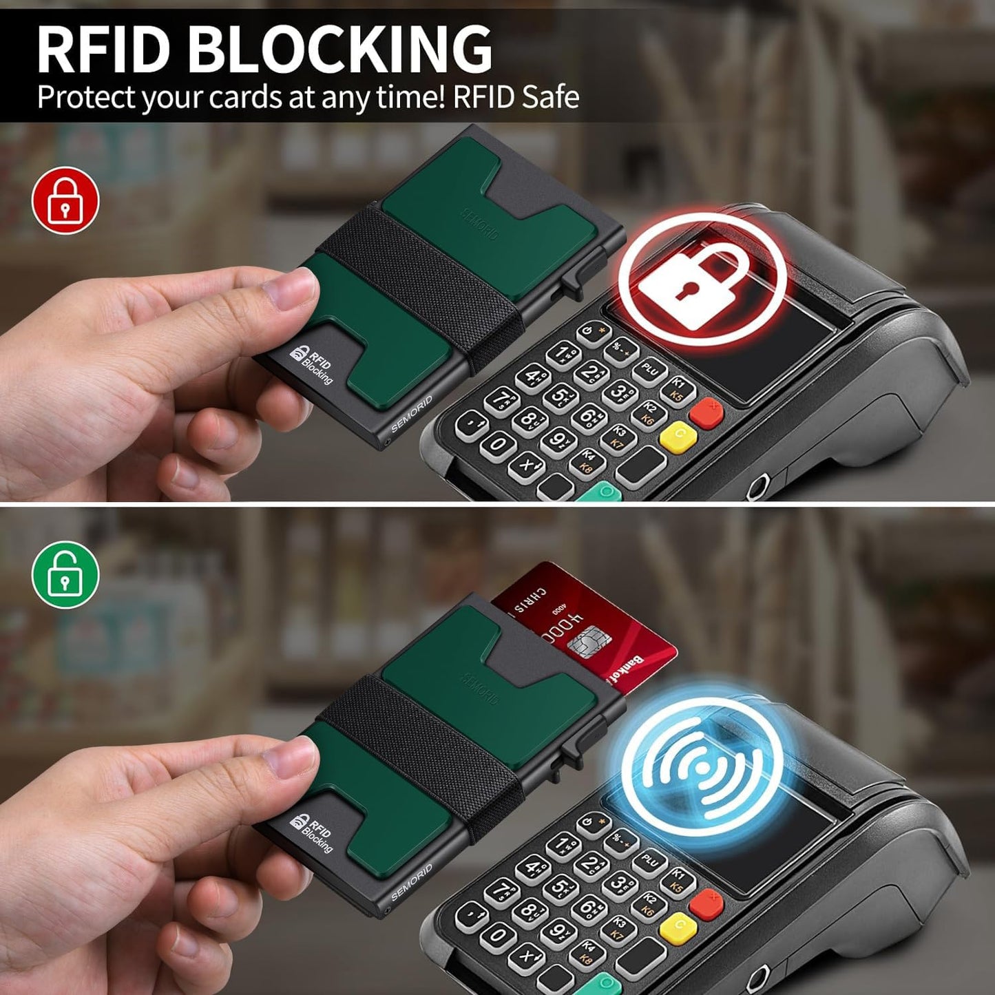 Slim Aluminum Card Holder Wallet for Men, Durable Expandable Backplate, RFID Blocking Minimalist Metal Pop Up Wallet, Holds 12+ Cards Plus Cash (Black)