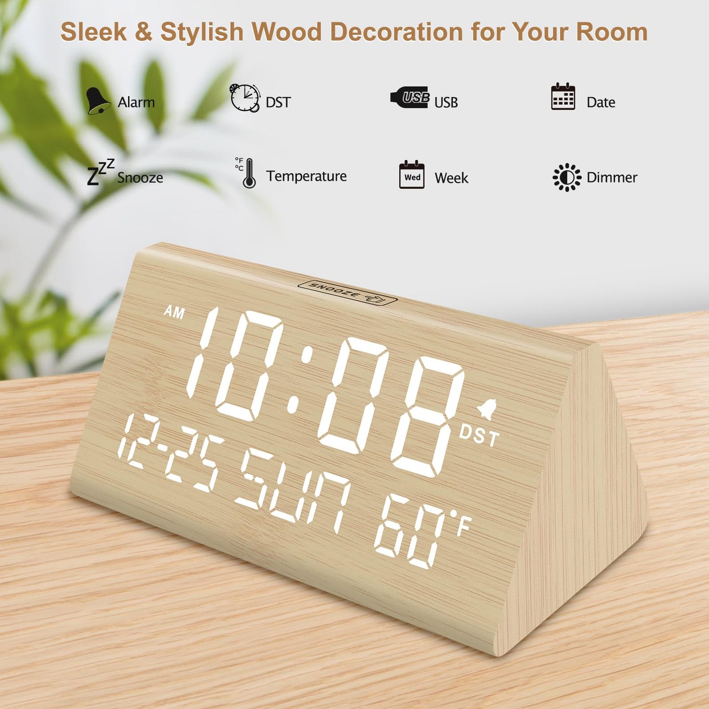 DreamSky Digital Alarm Clocks for Bedrooms - Wooden Desk Clock with Date, Day of Week, USB Port, Temperature, Dimmer for Bedside Table, Living Room, Office, Adjustable Volume, Auto DST, Wood Decor