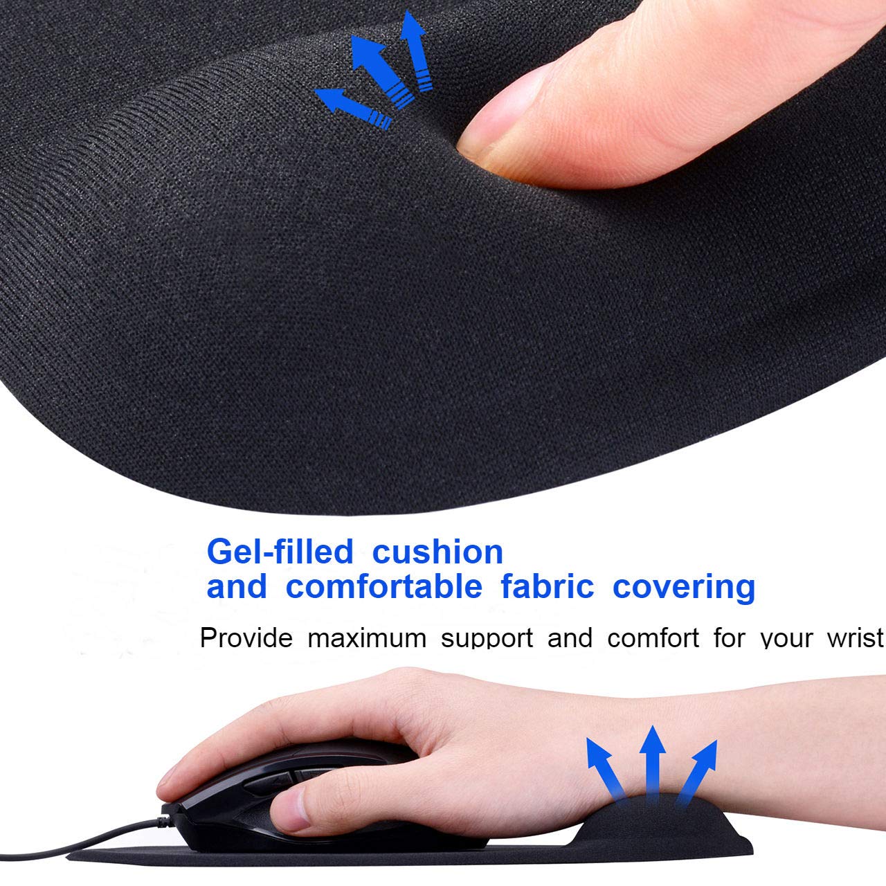 JIKIOU Mouse Pad, 2 Pack Ergonomic Mouse Pads with Comfortable Gel Wrist Rest Support and Lycra Cloth, Non-Slip PU Base for Easy Typing Pain Relief Durable and Easy to Clean Small Black