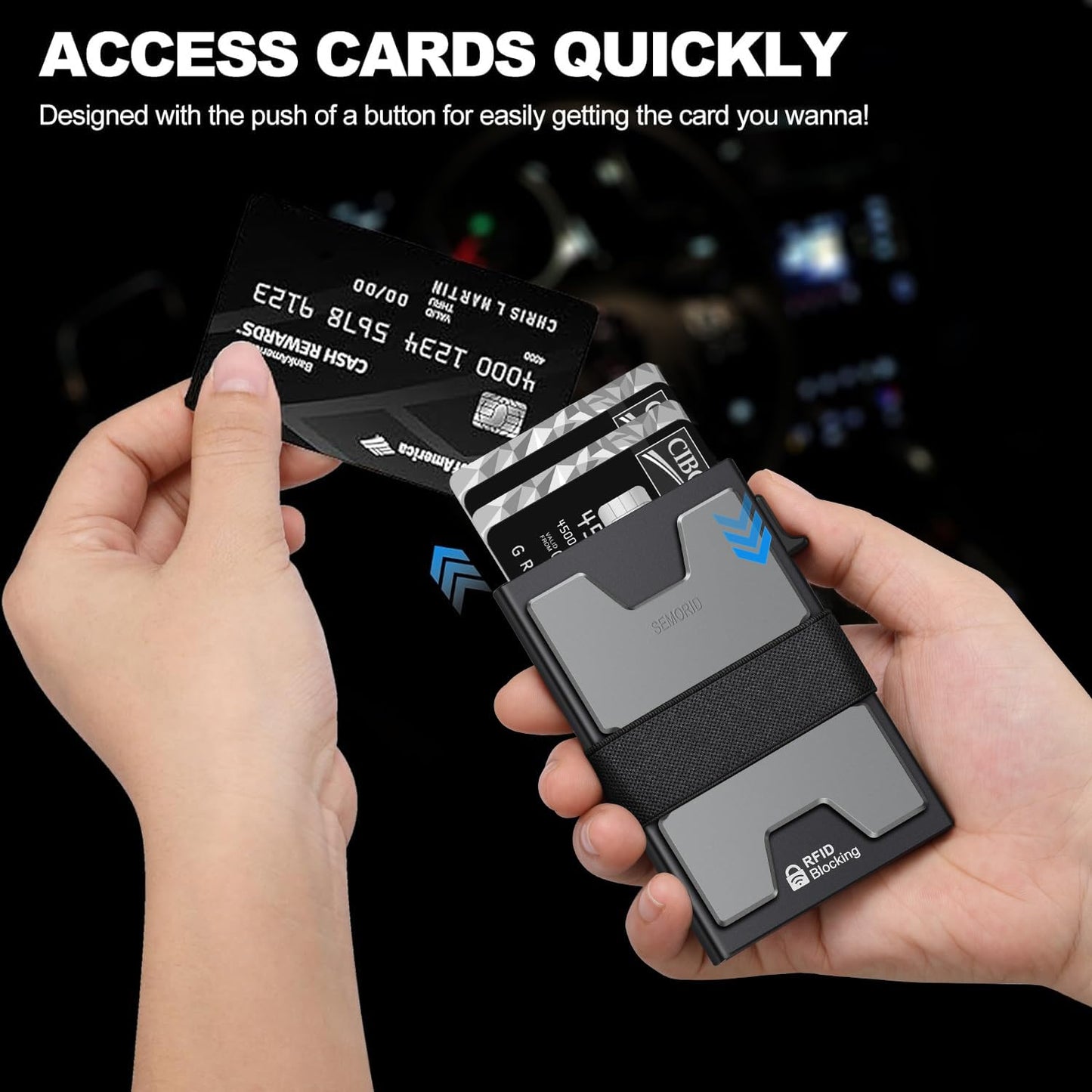 Slim Aluminum Card Holder Wallet for Men, Durable Expandable Backplate, RFID Blocking Minimalist Metal Pop Up Wallet, Holds 12+ Cards Plus Cash (Black)