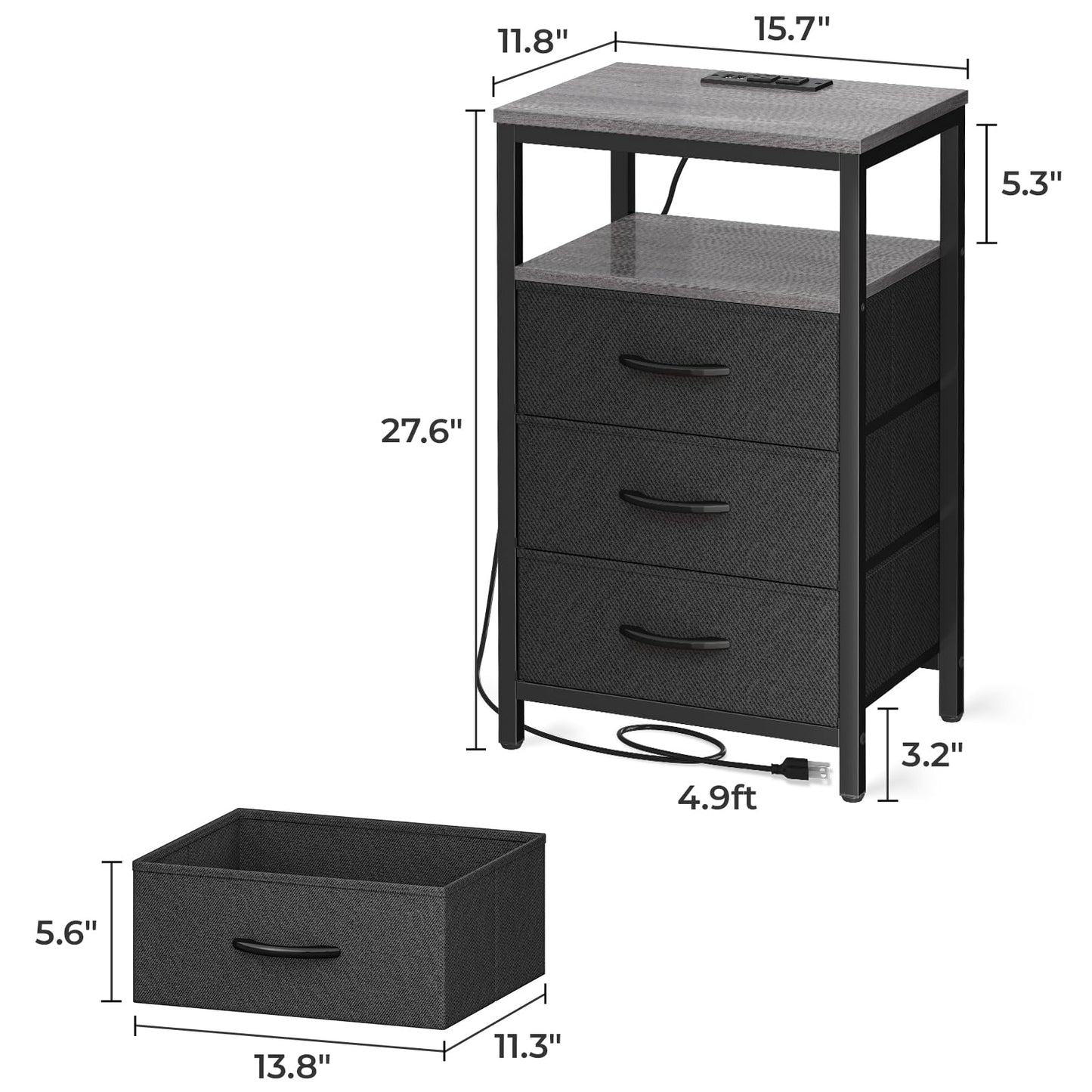 Huuger Nightstand with Charging Station, Side Table with Fabric Drawers, End Table with Open Shelf, Bedside Table with USB Ports and Outlets, Night Stand for Bedroom, Rustic Brown and Black