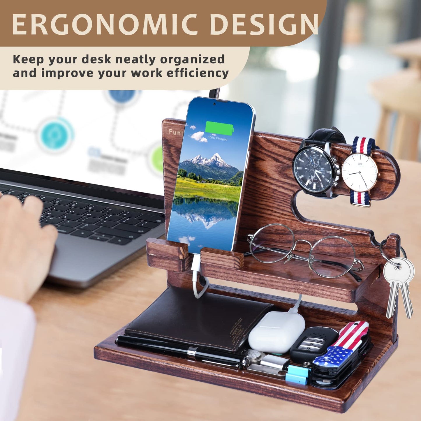 Gifts for Men Dad from Daughter Son Christmas, Wood Phone Docking Station with Drawer, Husband Birthday Gifts Him Boyfriend from Wife Anniversary Nightstand Organizer Xmas Stocking Stuffers