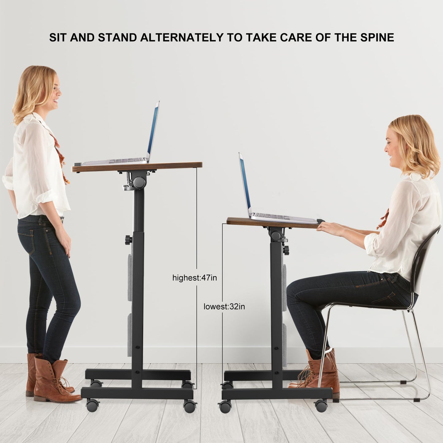 KOUPA Height Adjustable Mobile Standing Desk 16×24 in,360° Flip Desk Stand Desk Home Office Table Standing Desk for Small Space Offices,Easy to Assemble(Rustic Brown Desktop)