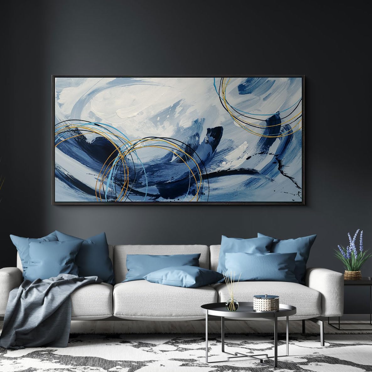 yiijeah Wall Art for Living Room - Framed Picture Artwork for Walls - Blue Wall Art 24x48 Inches Contemporary Abstract Wall Art Prints Canvas Painting Large Size Wall Art for Bedroom Office