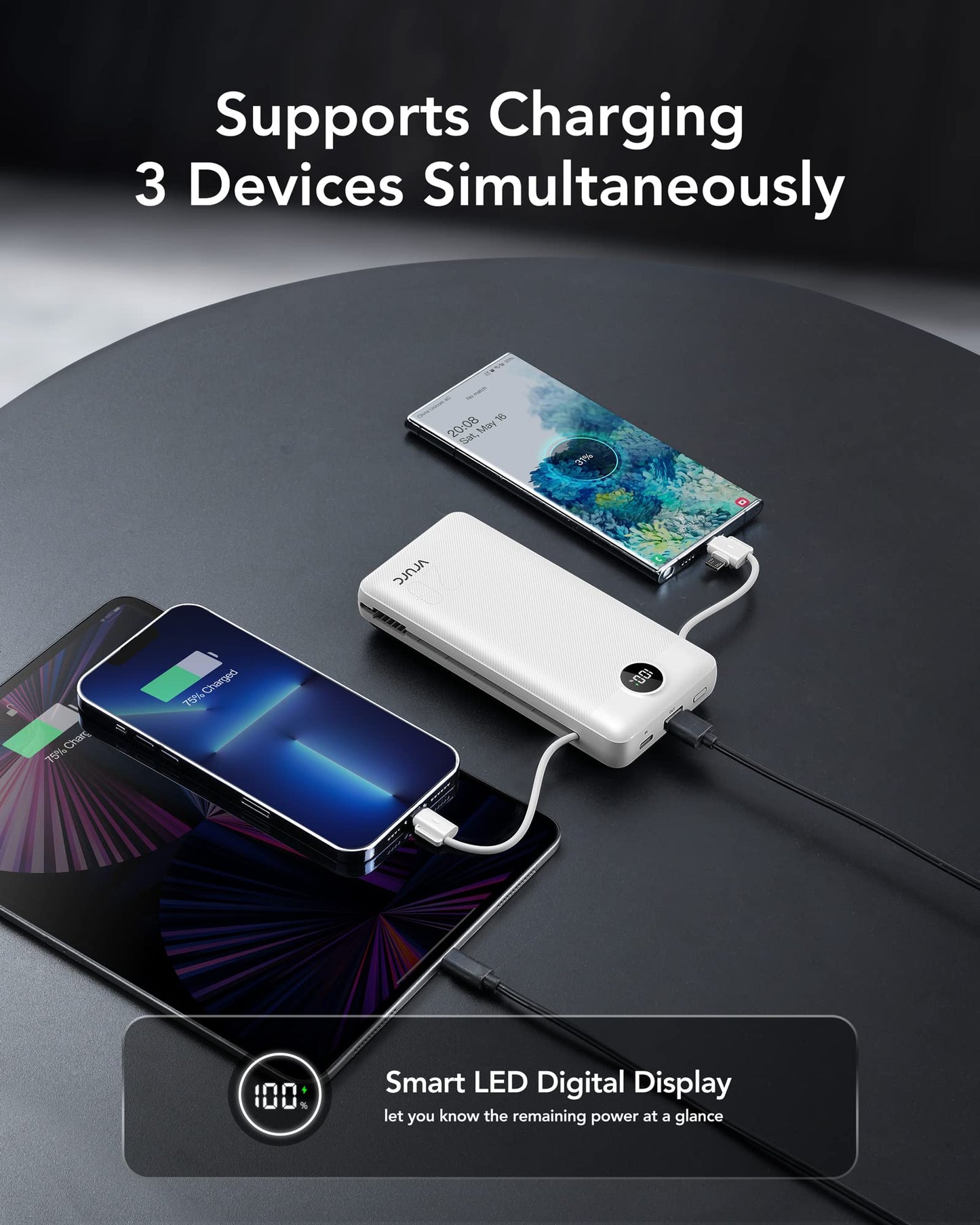 VRURC Power Bank 20000mAh, Fast Charging Portable Charger USB C,4 Output 2 Input Charging Bank Equipped with LED Display,Built-in Wall Plug and Cables,Cell Phone Replacement Battery,White