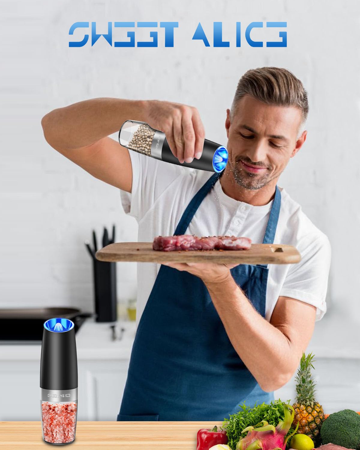 Gravity Electric Pepper and Salt Grinder Set, Salt and Pepper Mill & Adjustable Coarseness, Battery Powered with LED Light, One Hand Automatic Operation, Stainless Steel (Set/Silver)