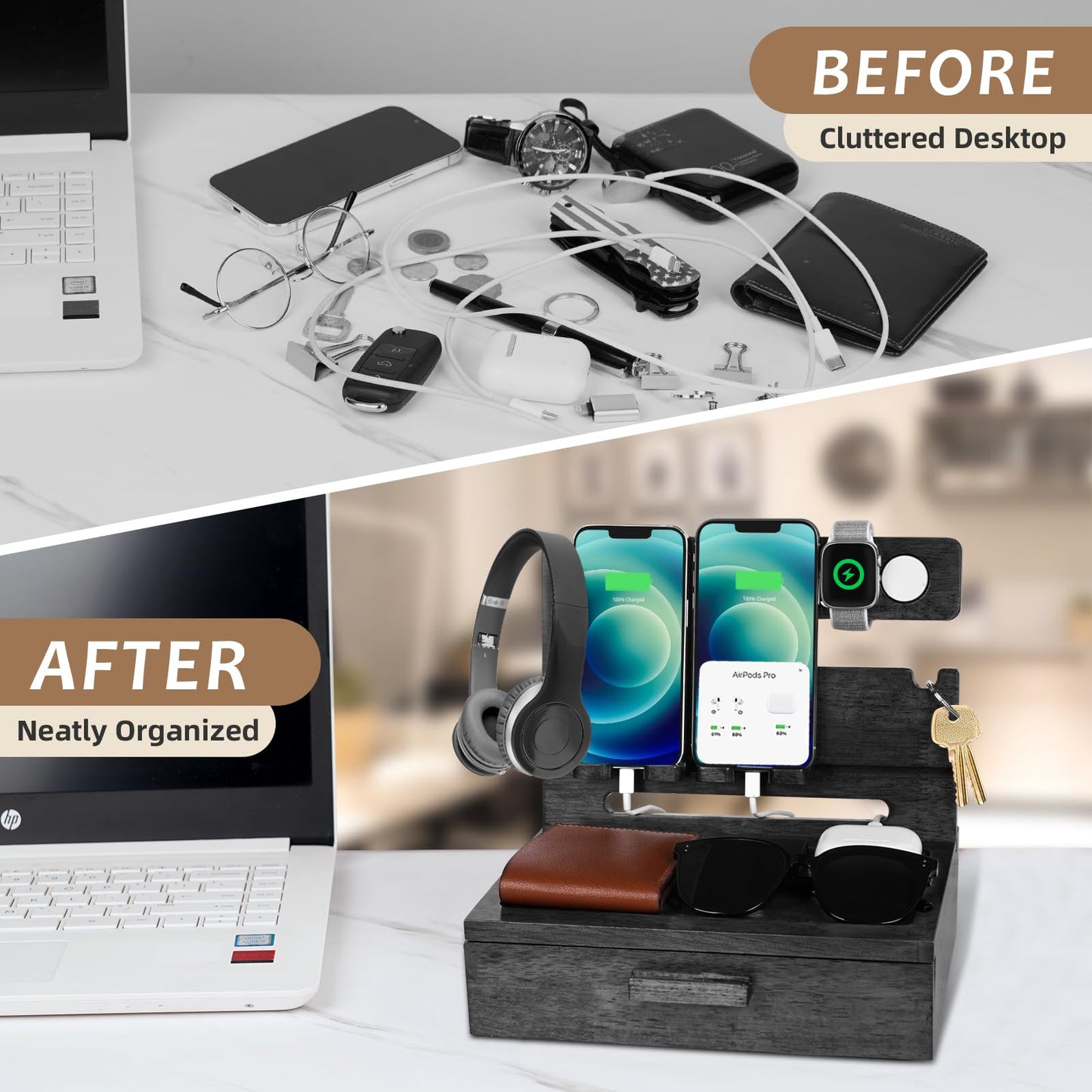 Gifts for Men Dad from Daughter Son Christmas, Wood Phone Docking Station with Drawer, Husband Birthday Gifts Him Boyfriend from Wife Anniversary Nightstand Organizer Xmas Stocking Stuffers