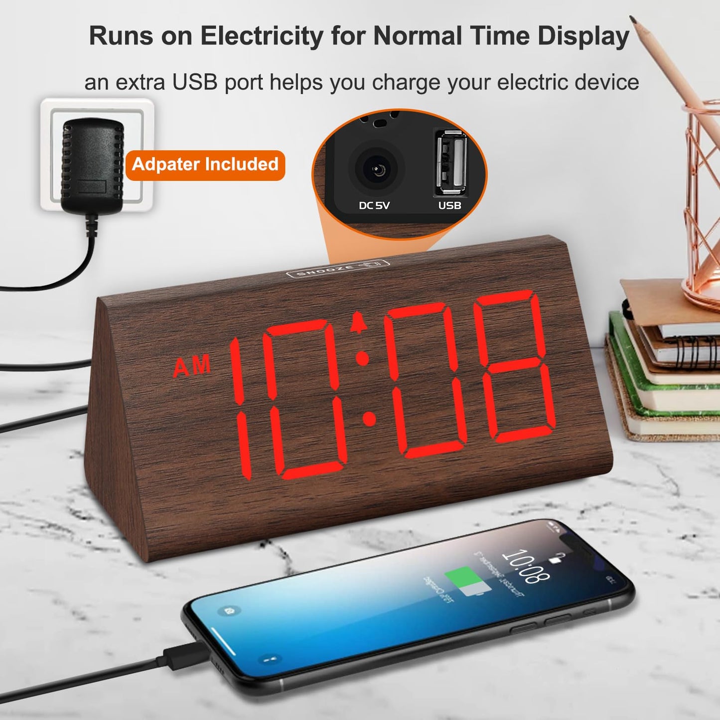 DreamSky Wooden Digital Alarm Clocks for Bedrooms - Electric Desk Clock with Large Numbers, USB Port, Loud Alarm for Heavy Sleepers, Adjustable Volume, Dimmer, Snooze, DST, 12/24H, Wood Décor (Brown)