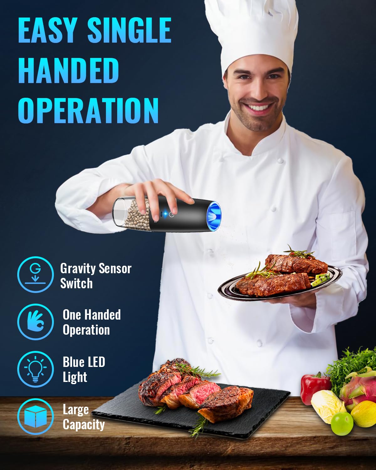 Gravity Electric Pepper and Salt Grinder Set, Salt and Pepper Mill & Adjustable Coarseness, Battery Powered with LED Light, One Hand Automatic Operation, Stainless Steel (Set/Silver)