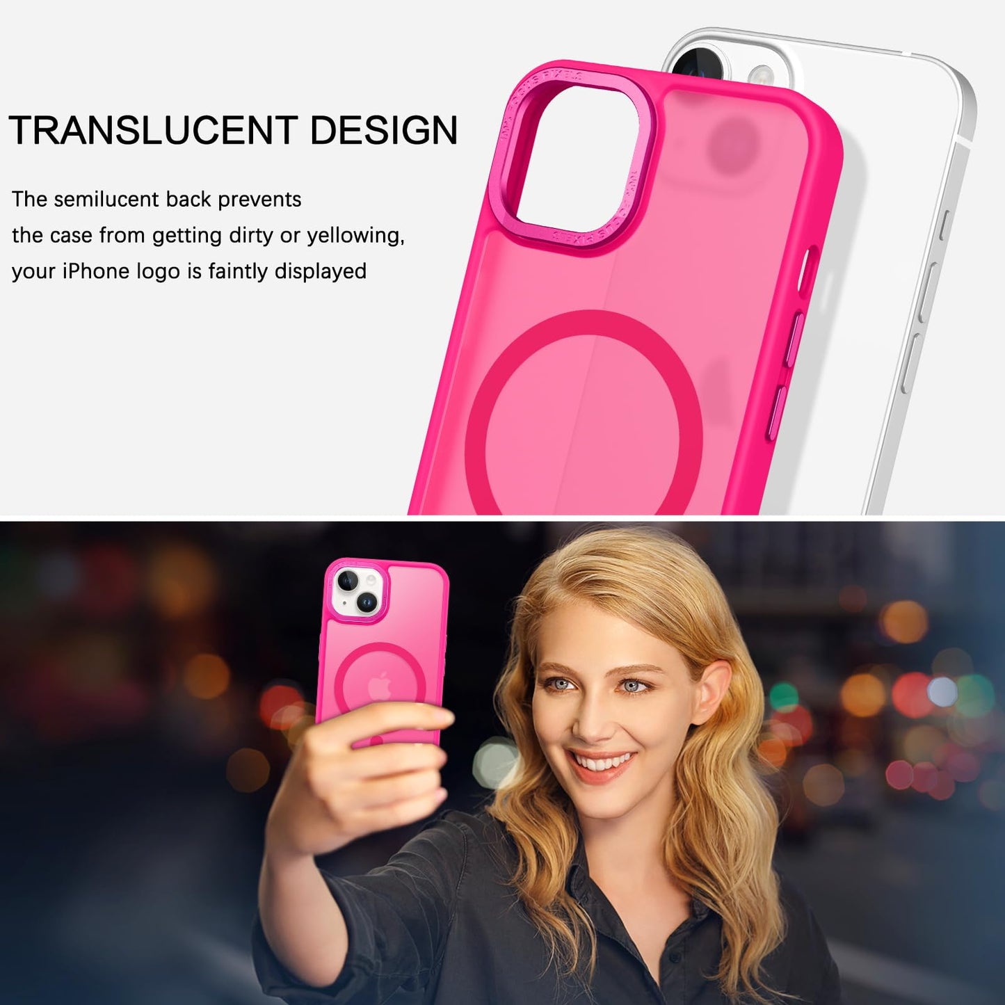 BENTOBEN Magnetic for iPhone 13 Case & iPhone 14 Case [Compatible with Magsafe] Translucent Matte Phone Case iPhone 13/14 Slim Fit Shockproof Women Men Protective Cover for iPhone 13/14 6.1", Hot Pink