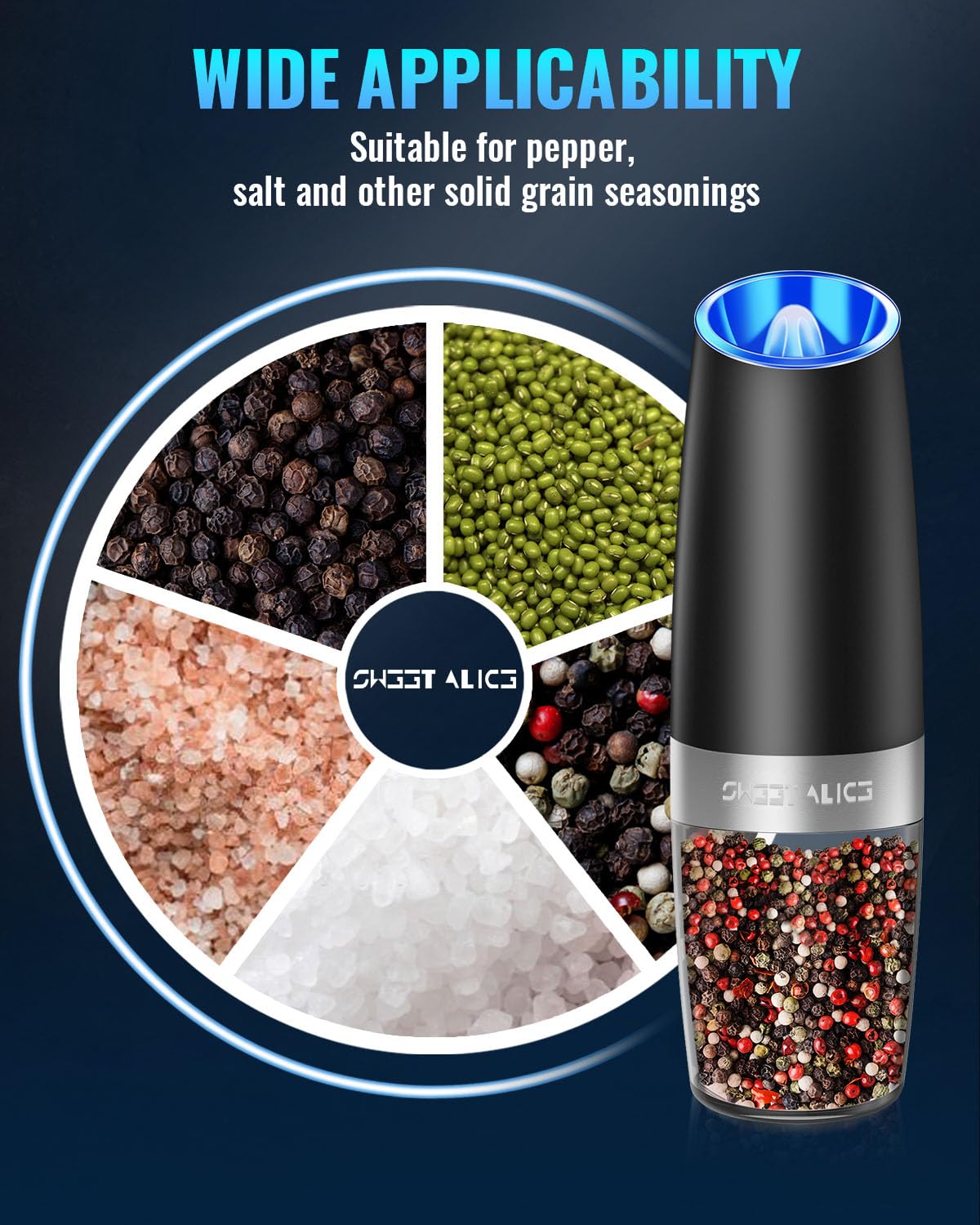 Gravity Electric Pepper and Salt Grinder Set, Salt and Pepper Mill & Adjustable Coarseness, Battery Powered with LED Light, One Hand Automatic Operation, Stainless Steel (Set/Silver)