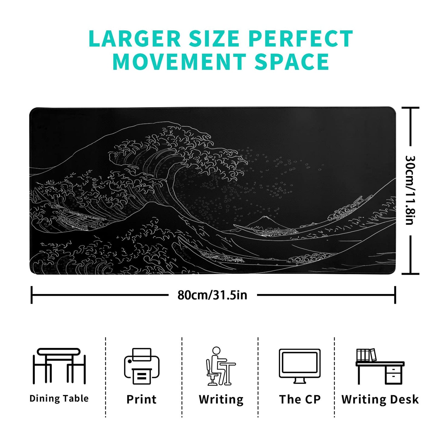 Japanese Sea Wave Large Mouse Pad, Anime Black Gaming, Extended Kanagawa Mat Desk Pad, 3mm Thick Long Non-Slip Rubber Base Mice Pad, 31.5 X 11.8 Inch